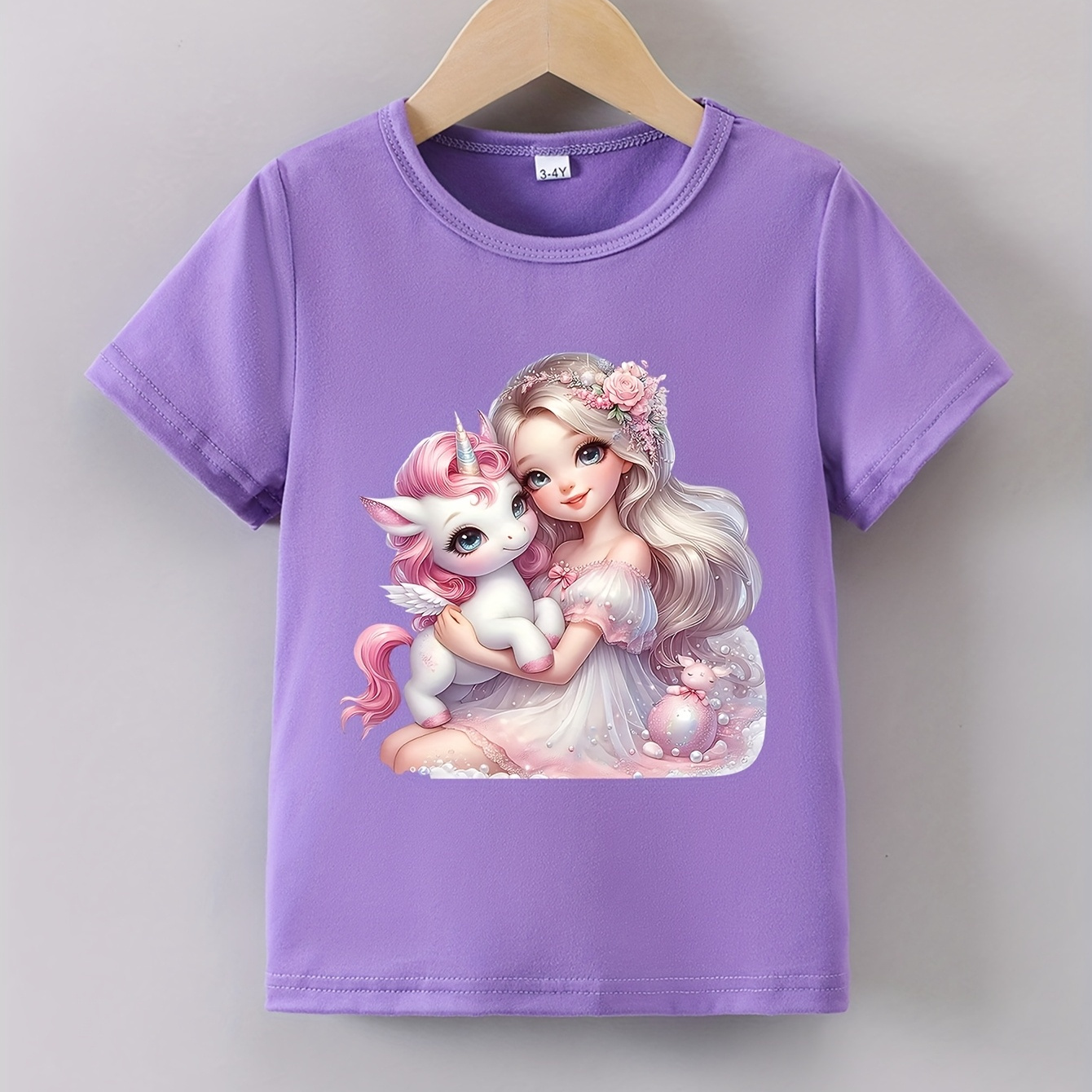 

Adorable Girls' Pink Unicorn Hug Graphic Tee - Soft Polyester & Spandex , Casual Short Sleeve Crew Neck T-shirt For Summer