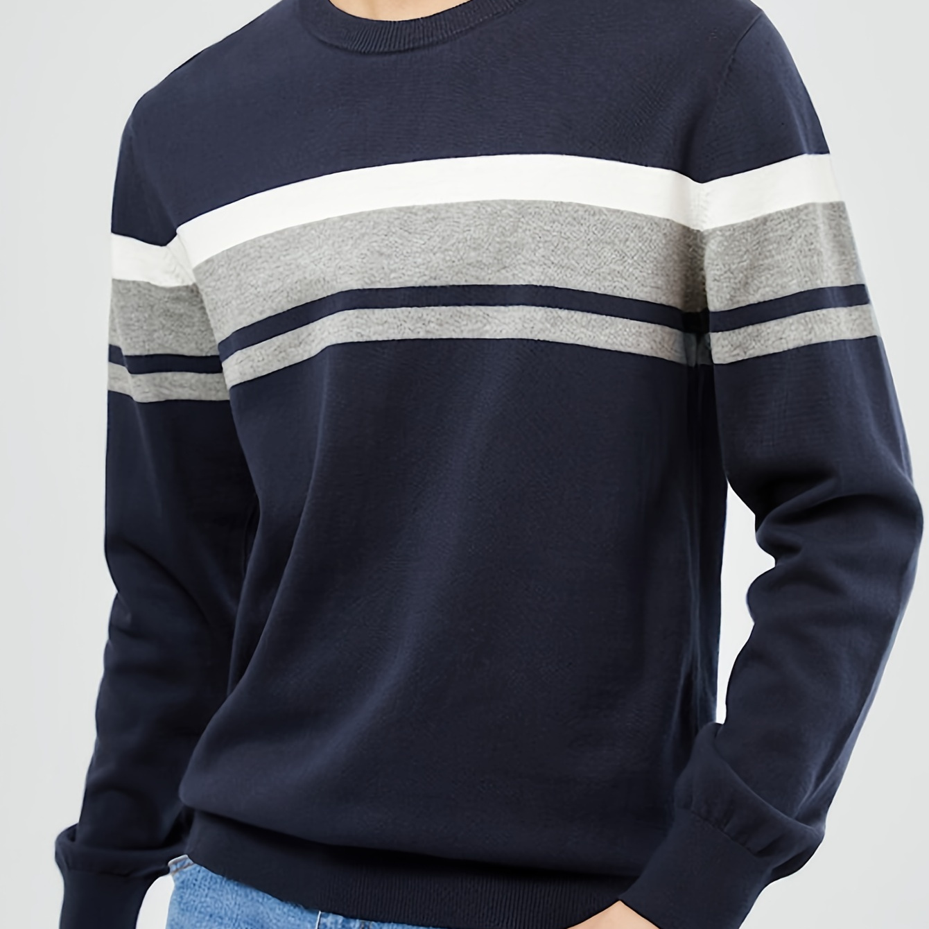 

Knit] Men's Striped Crew Neck Sweater - Casual & Slim Fit, Long Sleeve Knit Pullover In Navy, White & Gray, Fall/winter, Machine Washable