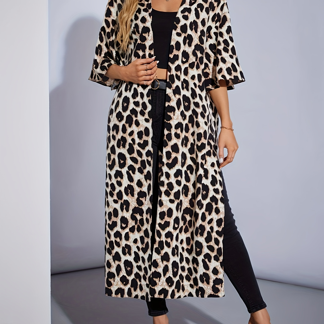 

Women's Elegant Leopard Print Long Cardigan - V-neck, Lightweight Polyester, Machine Washable, Spring/summer/fall Fashion, Lightweight Cardigan