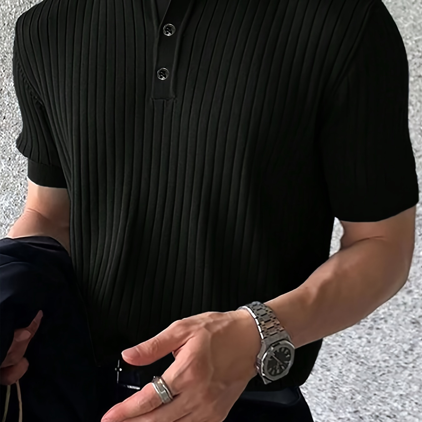 

Men's Ribbed And Knit Short Sleeve Lapel Collar Henley Shirt, Solid Slim Fit Classic Top For Summer Business And Casual Outwear