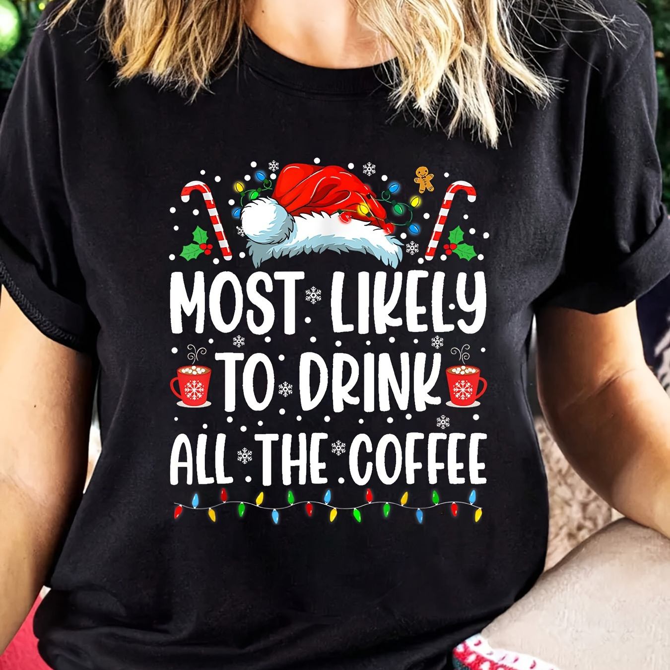 

Christmas Coffee Slogan Graphic T-shirt - 100% Cotton Casual Crew Neck Tee With Slight Stretch For Women - Knit Fabric Short Sleeve Top For All Seasons