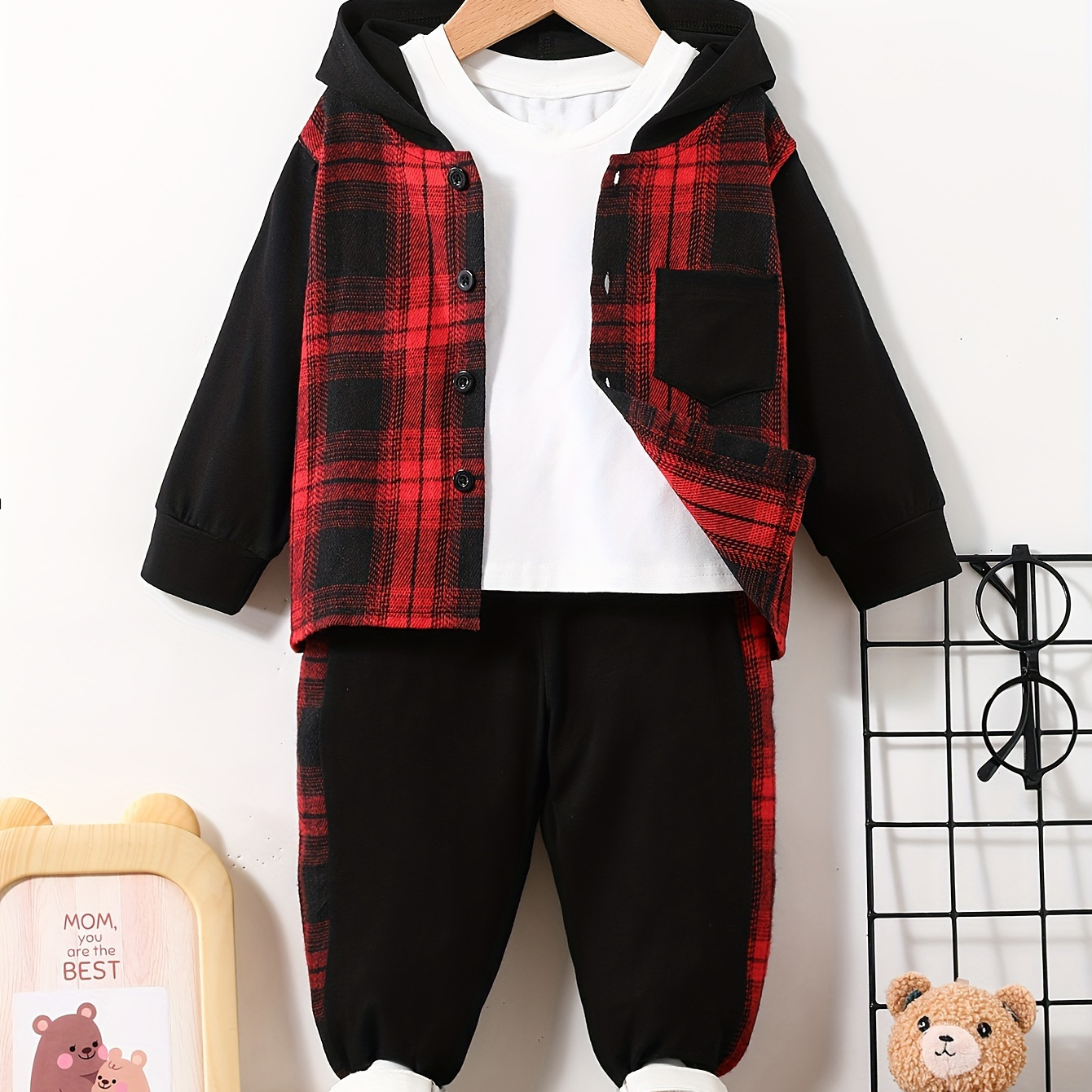 

2pcs Baby's Trendy Plaid Pattern Splicing Hooded Jacket & Casual Jogger Pants, Toddler & Infant Boy's Clothing Set For Fall