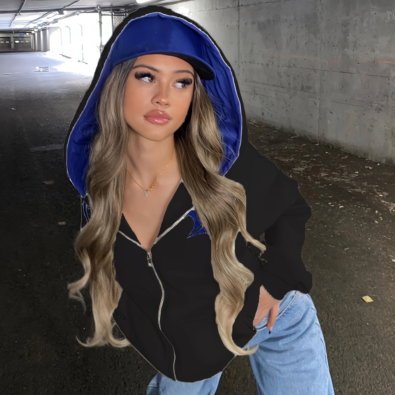 

Letter Print Pockets Zip Up Hoodie, Long Sleeve Autumn Street Casual Sweatshirt, Women's Clothing