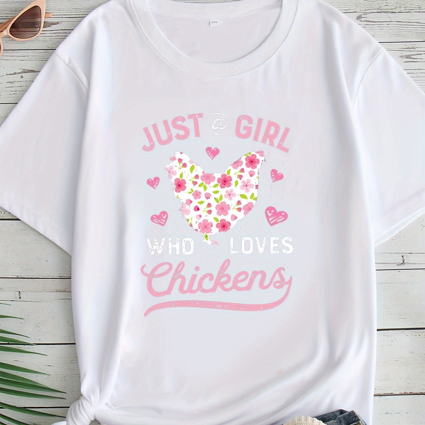 

Size Women's T-shirt With Unique Chicken Print - Casual Crew Neck, Short Sleeve Top, Breathable Polyester, Machine Washable - Sizes 1xl To 8xl