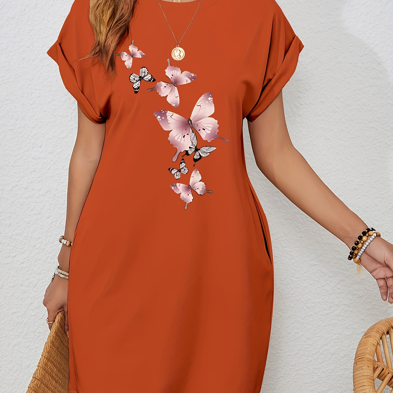 

Women's Casual Tunic Dress With Print, Polyester Knit Fabric, Crew Neck, Batwing Sleeves, And , For Spring/summer/fall