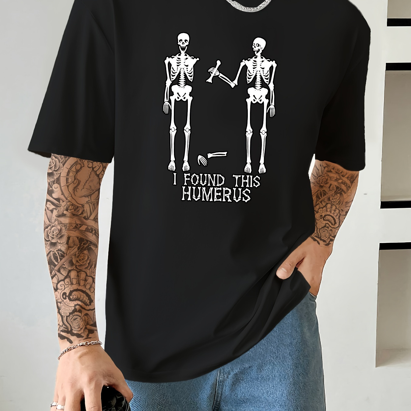 

I Found This And Skeletons Graphic Print, Men's Casual Fit T-shirt, Cool Tee Top Clothes For Men For Summer For Everyday Activities