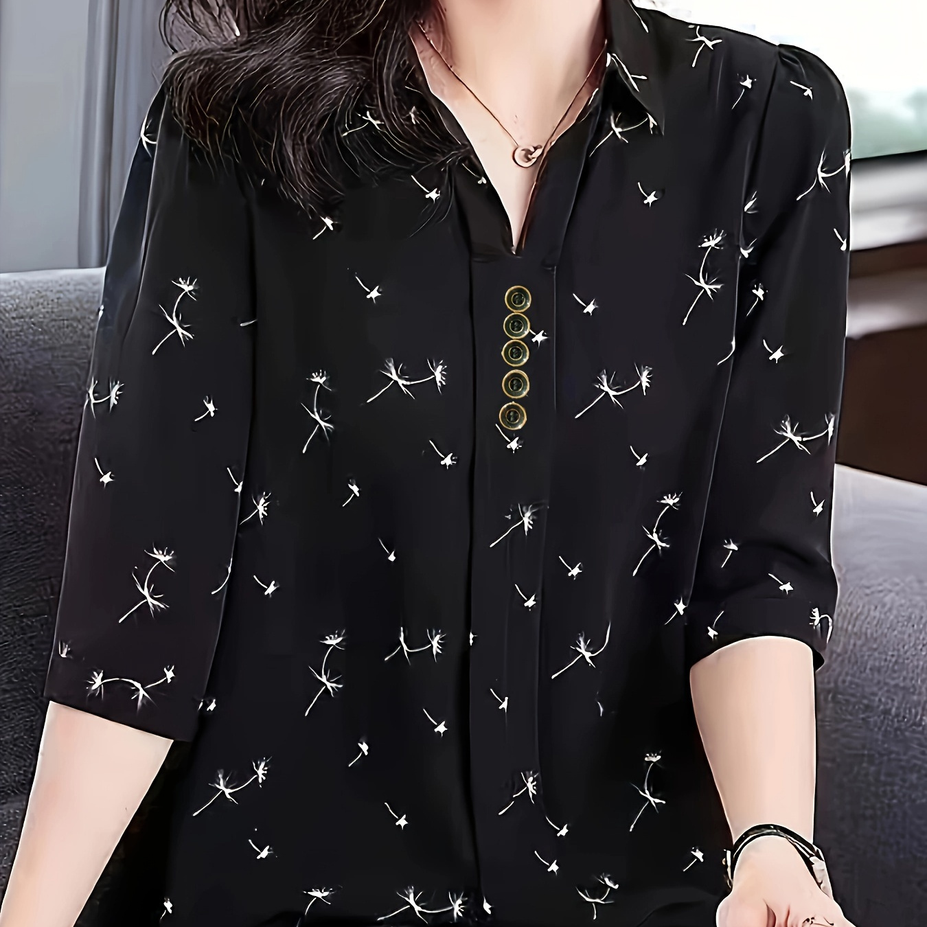 

Dandelion Print Collared Blouse, Casual 3/4 Sleeve Top For , Women's Clothing