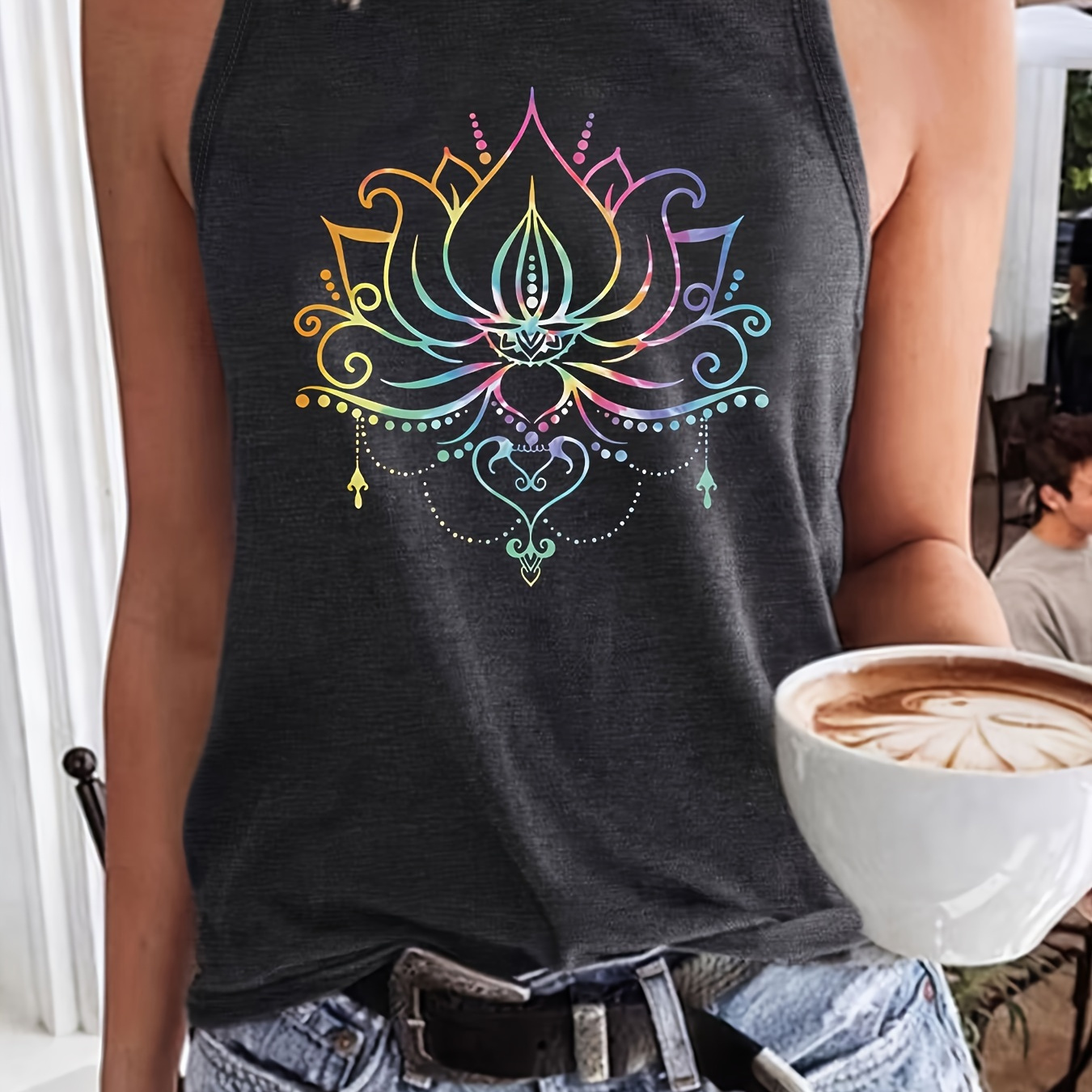 

Lotus Print Crew Neck Tank Top, Casual Sleeveless Top For Summer & Spring, Women's Clothing