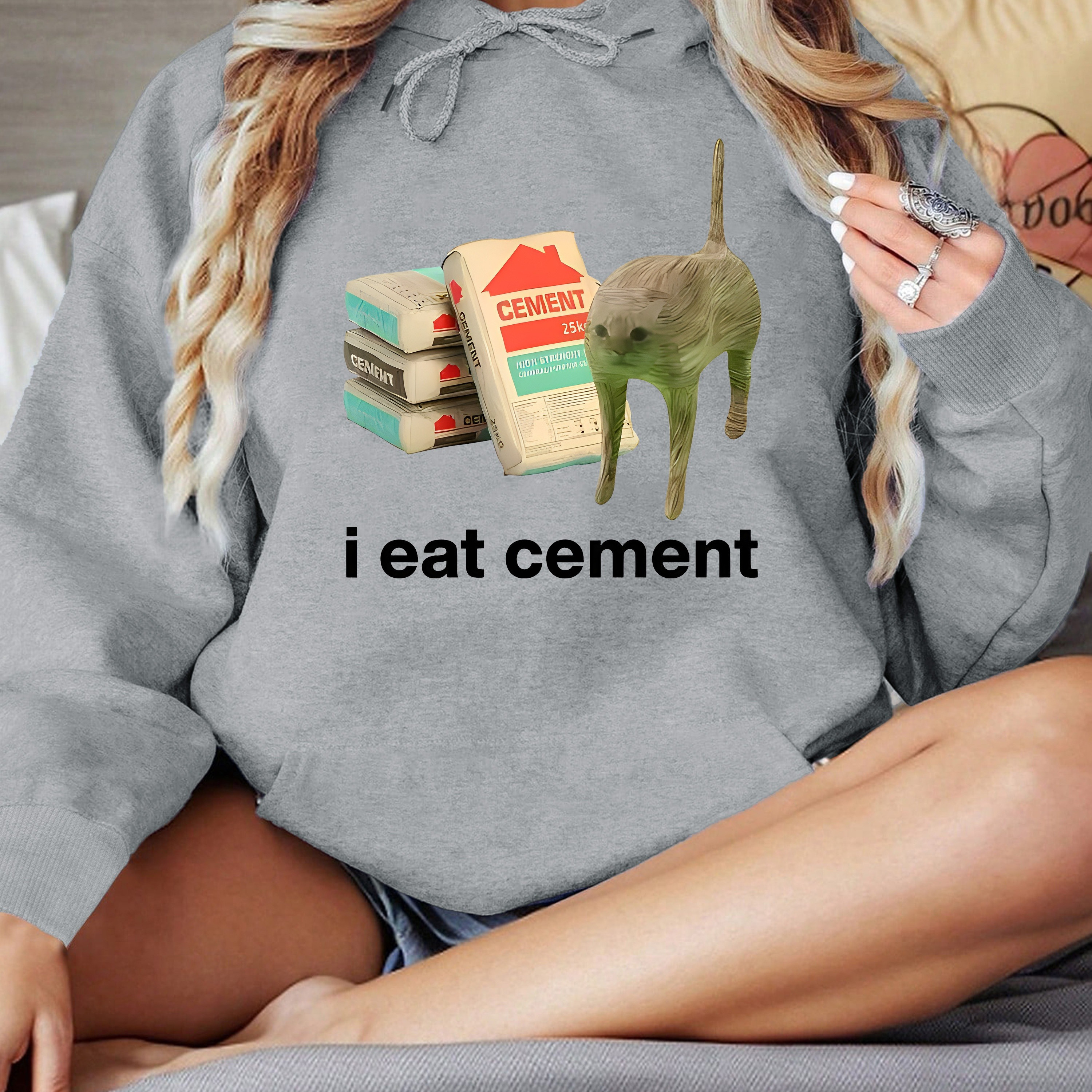 

I Eat Cement Print Hoodie, Casual Long Sleeve Kangaroo Pocket Hooded Sweatshirt, Women's Clothing
