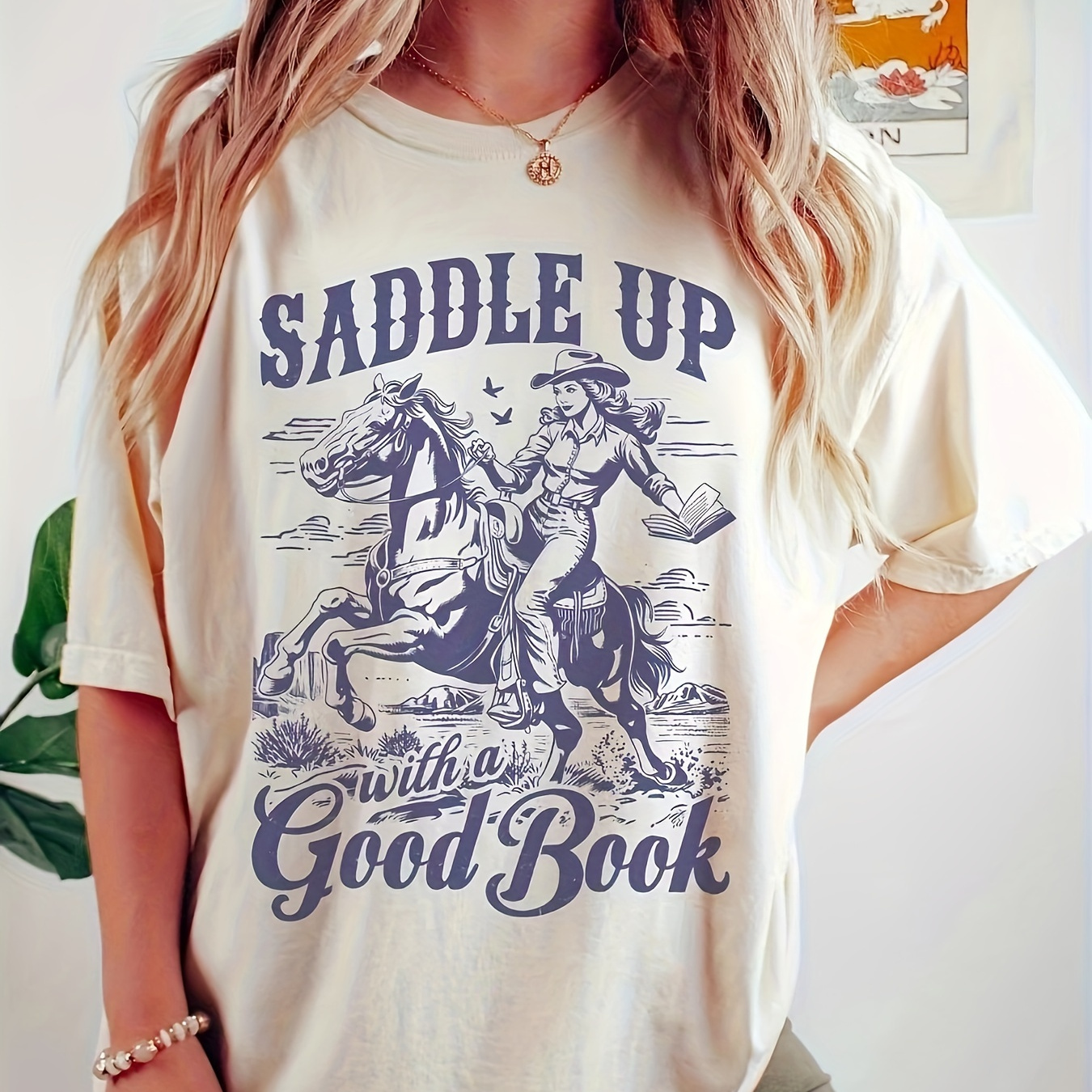 

Cowgirl Print Short Sleeve T-shirt, Casual Crew Neck Top For Spring & Summer, Women's Clothing