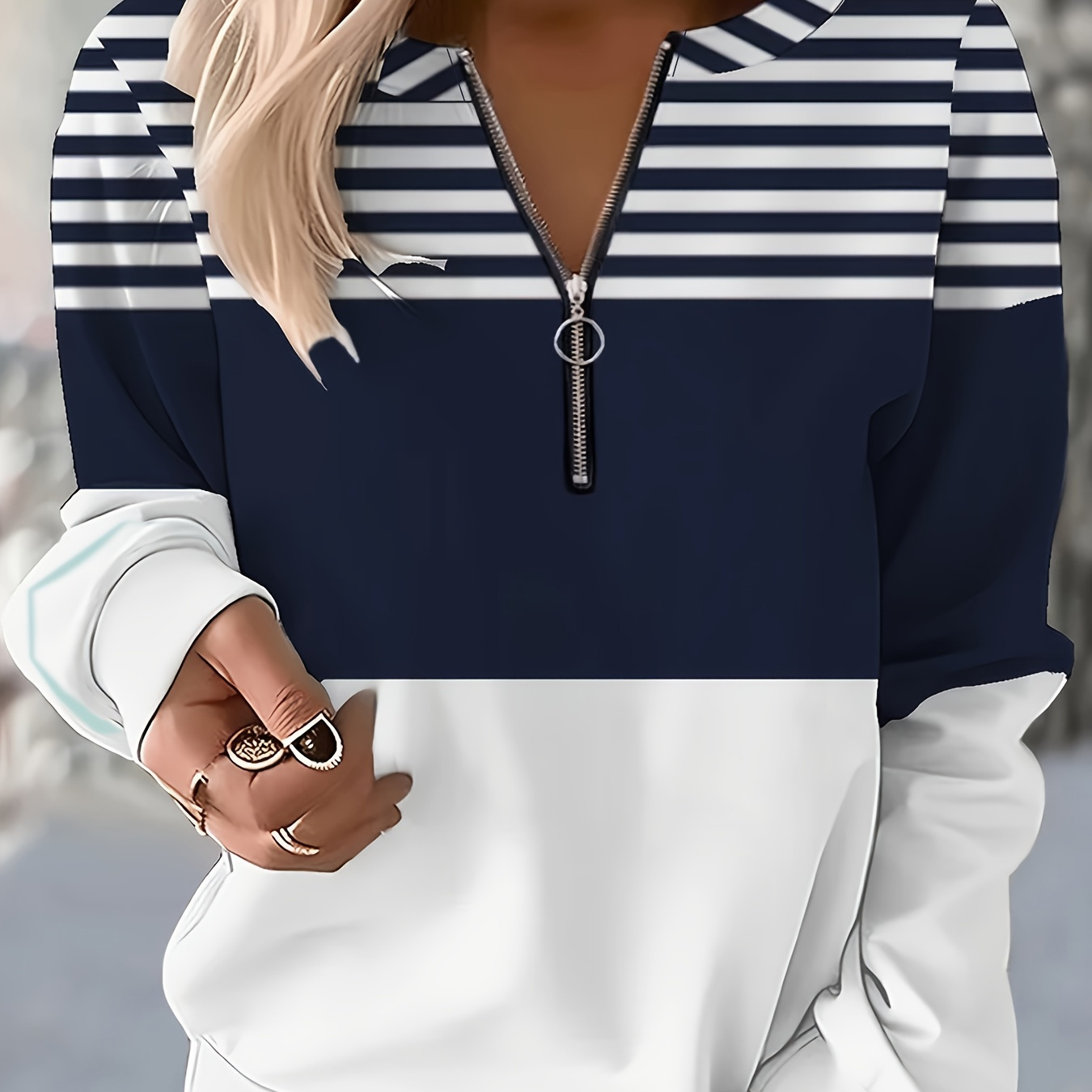 

Plus Size Casual Sweatshirt, Women's Plus Colorblock Stripe Print Long Sleeve Round Neck Zipper Sweatshirt