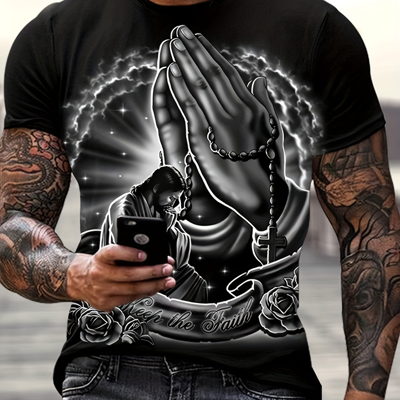 

Men's Casual Praying 3d Printed Casual Fashion T-shirt, Short Sleeve Crew Neck Graphic Tees Loungewear Pajama Top For Summer