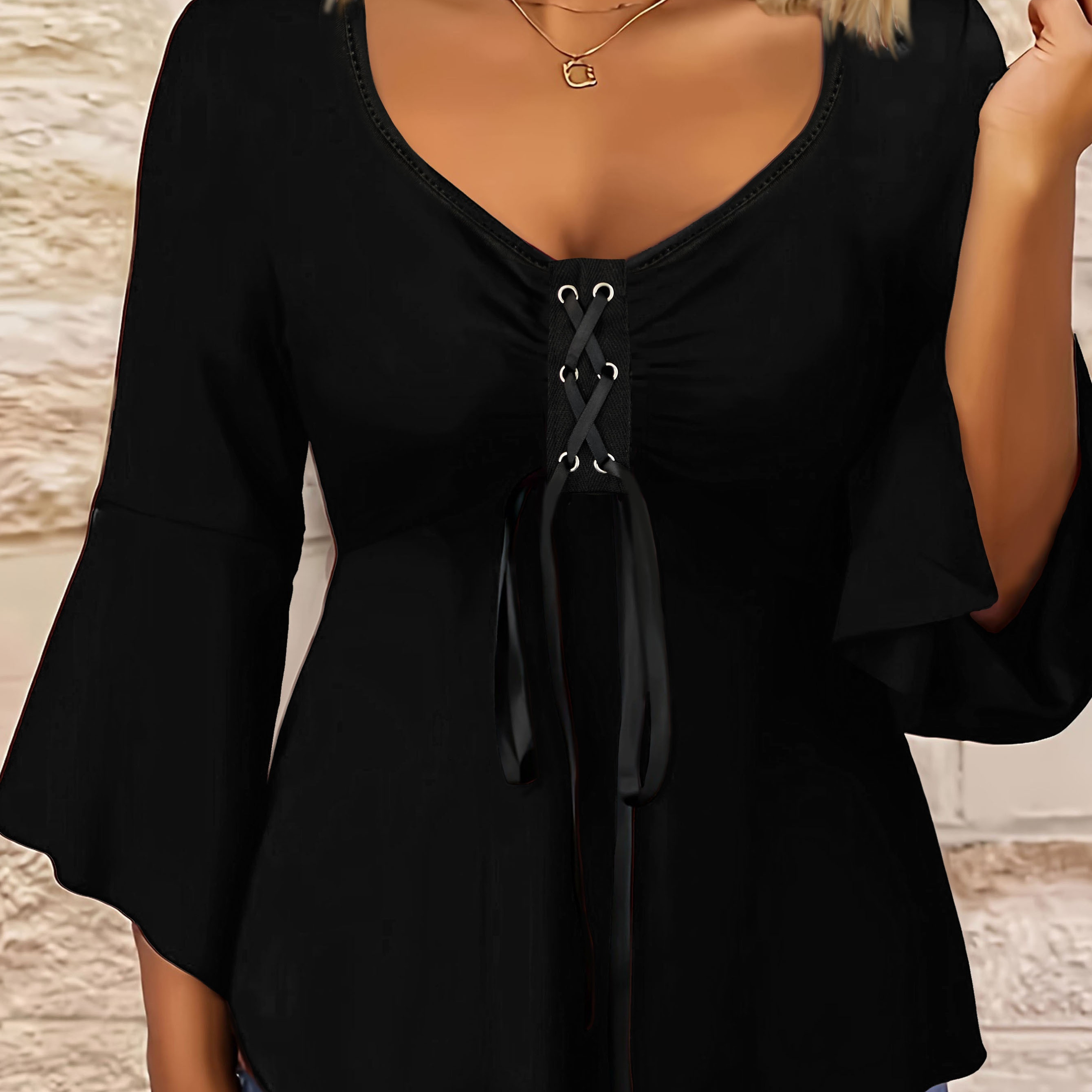 

Plus Size Grommet Eyelet Lace , Casual V Neck 3/4 Sleeve Top, Women's Plus Size clothing