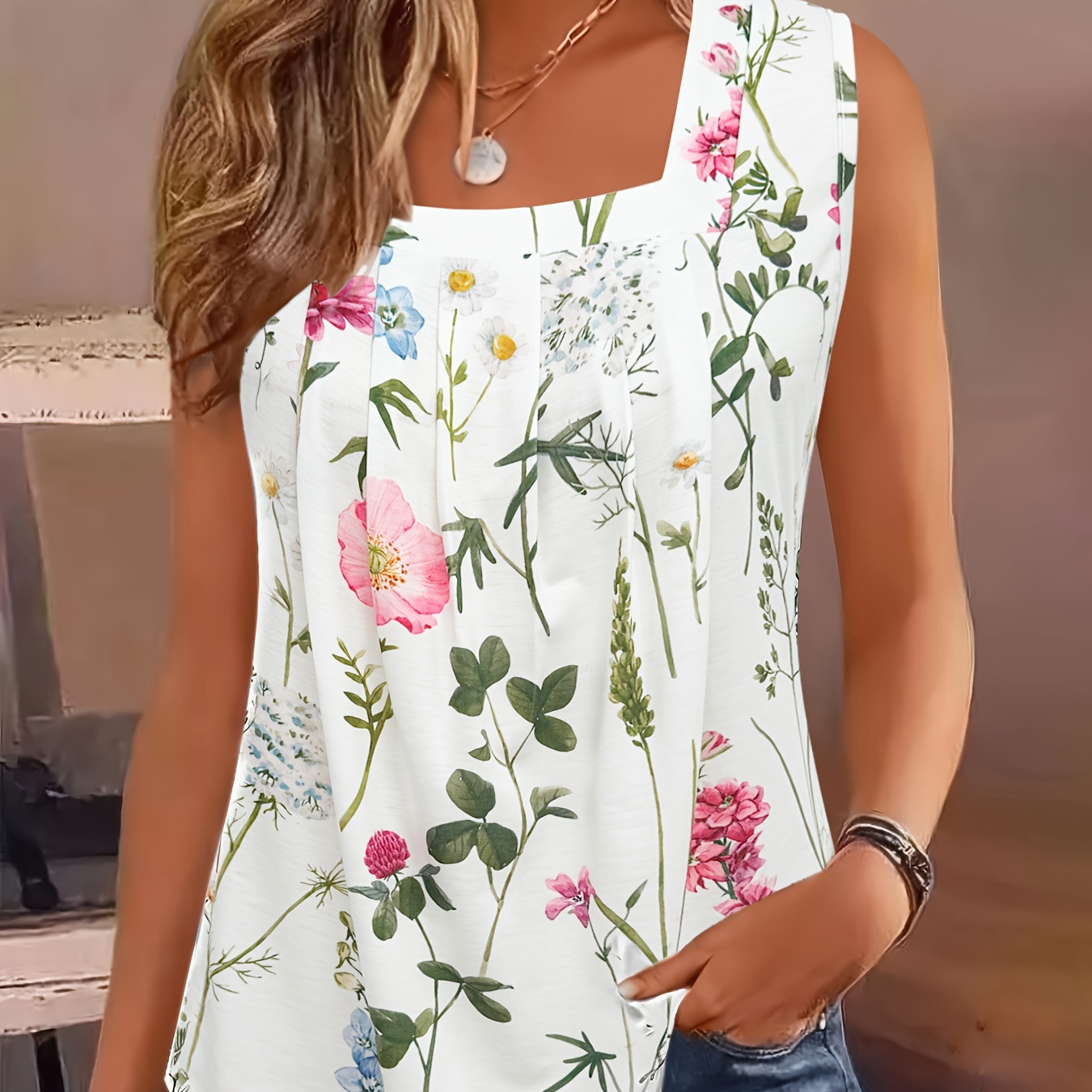 

Floral Print Pleated Tank Top, Elegant Sleeveless Tank Top For Summer, Women's Clothing