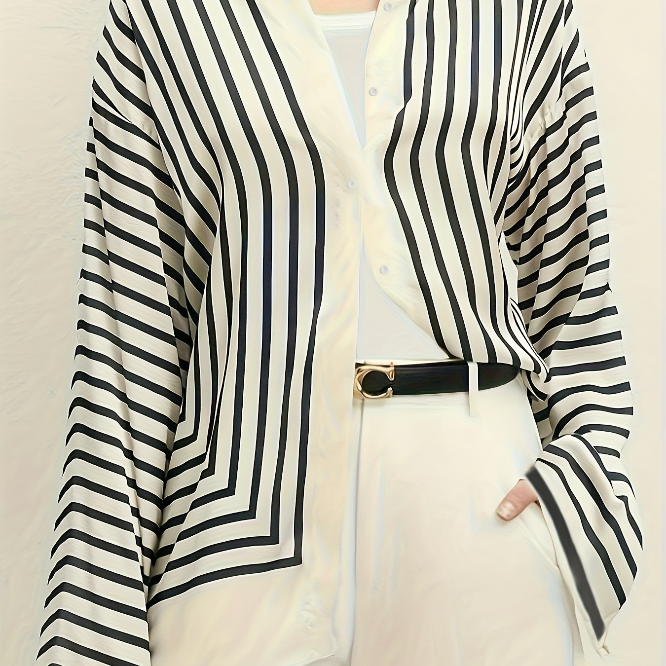 

Elegant Striped Button-up Shirt For Women - Long Sleeve, Stand Collar, Polyester , Black & White Vertical Stripes, Comfortable For Spring/summer/fall, Outer Layer | Striped Pattern Shirt | Fabric