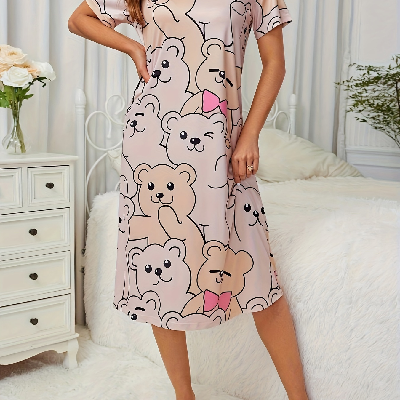 

Women's Cute Bear Print Sleepwear Dress, Short Sleeve Round Neck Loose Fit Tee Dress, Comfortable Nightgown