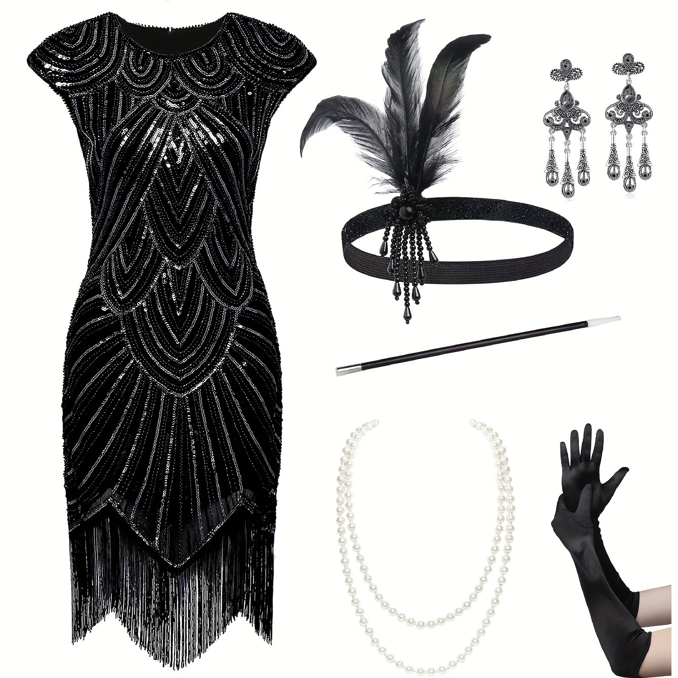 

1920s Flapper Dresses Set 20s Great Dress 1920s Fringed Dress With Accessories Set