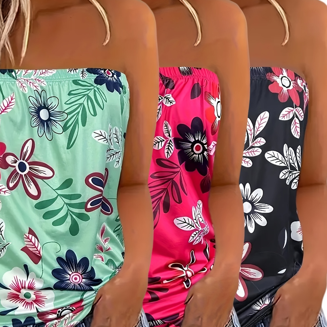 

3pcs Women's Floral Print Strapless Tops - Polyester , Medium , Vibrant Colors, Machine Washable, Spring/ & Casual