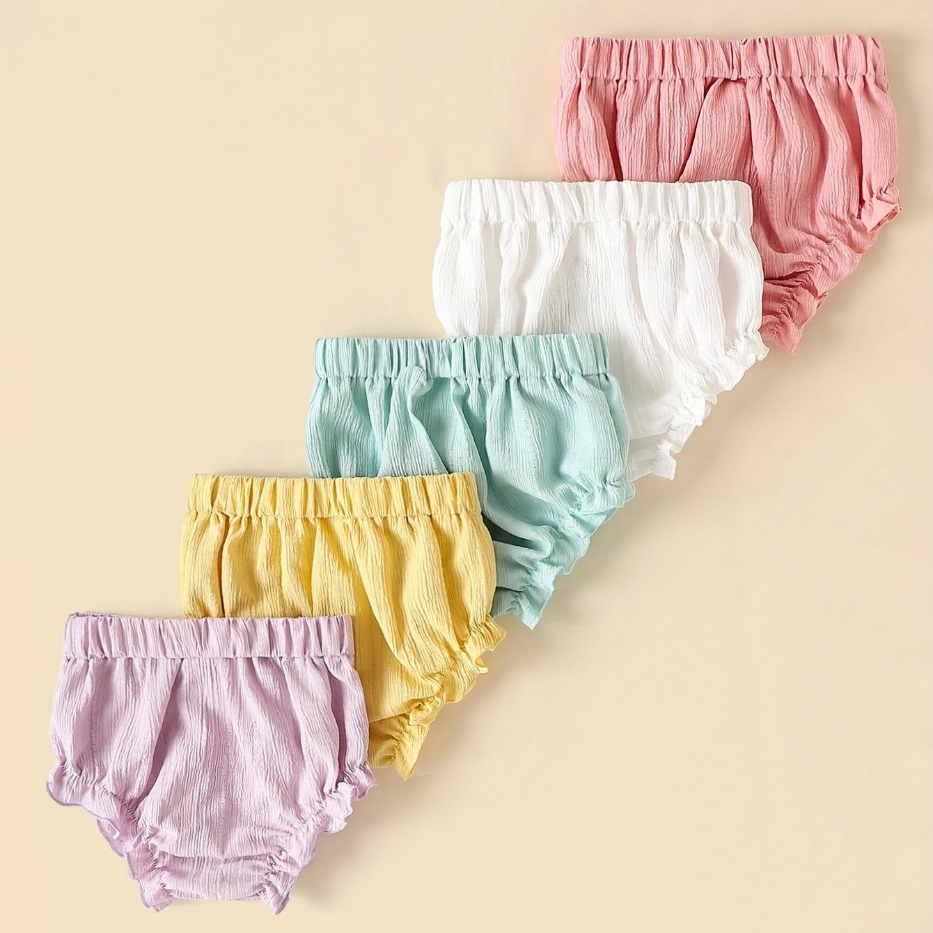 

5pcs Baby's Solid Color Casual Muslin Shorts, Comfy Elastic Waist Bottoms, Infant & Toddler Girl's Clothing For Summer