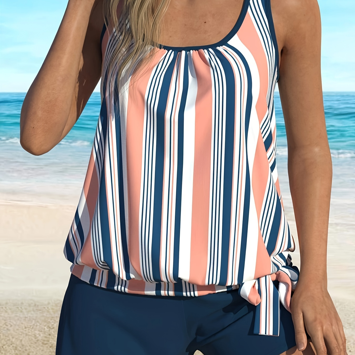 

Women's Striped 2 Piece Tankini Swimwear, Scoop Neck Sleeveless Top With Side Tie, Navy Blue Boyshorts Bottoms, Summer Beachwear
