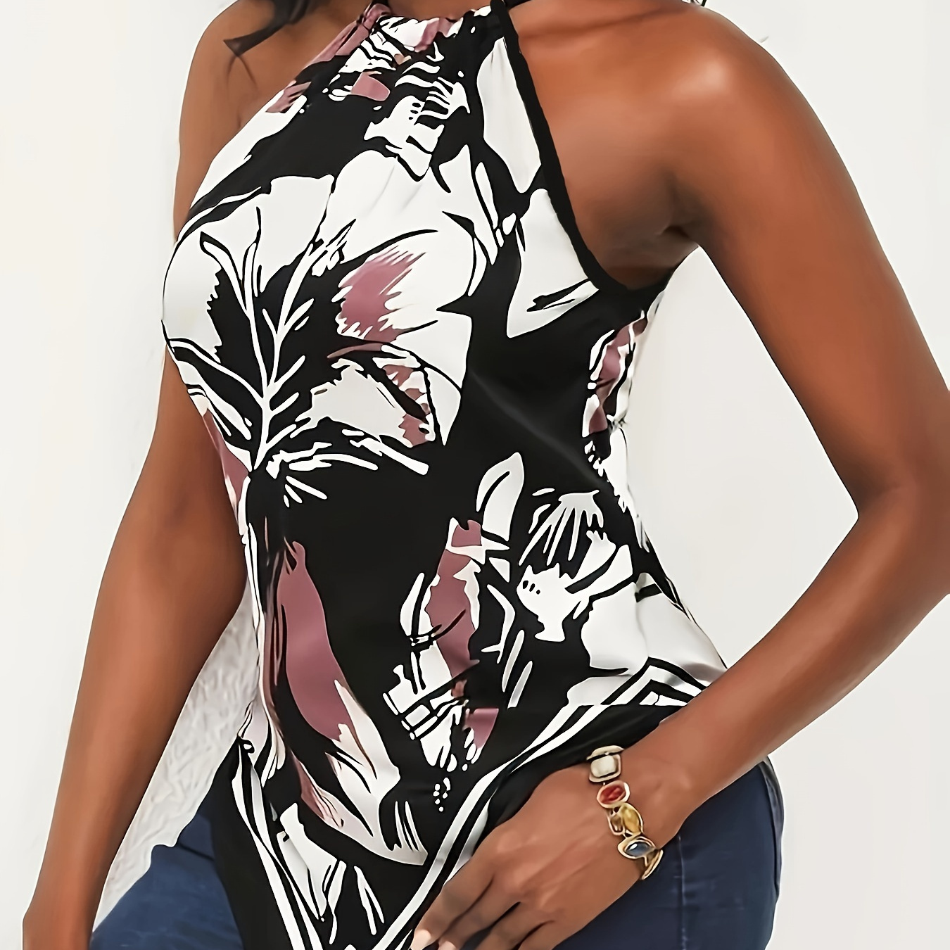 

Plus Size Plant Print Halter Top, Casual Hanky Hem Sleeveless Top For Summer, Women's Plus Size Clothing