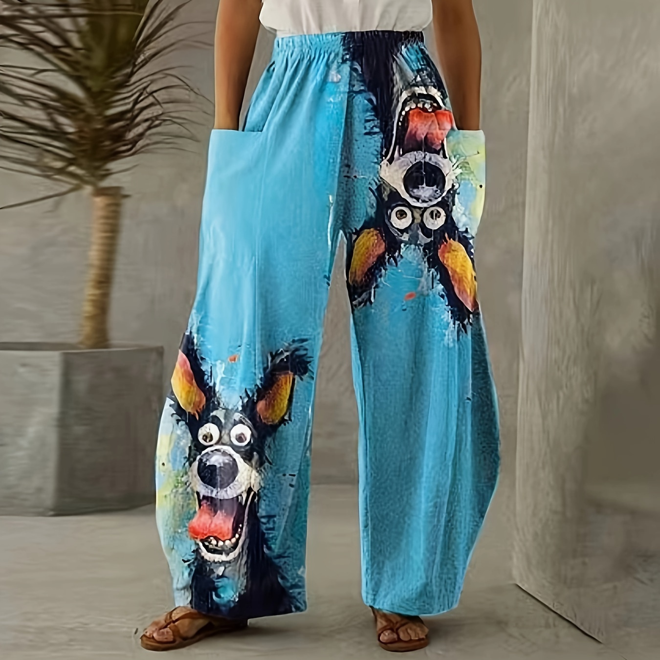 

Dog Print Elastic Waist Pants, Casual Patch Pockets Wide Leg Pants, Women's Clothing