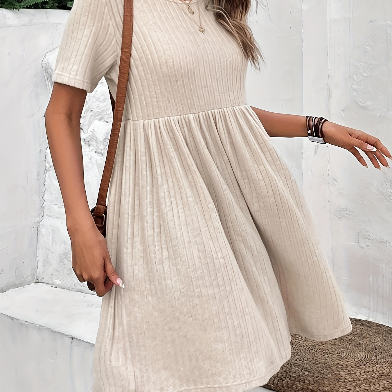 

Ribbed Crew Neck A-line Dress, Casual Short Sleeve Dress For For Spring & Summer, Women's Clothing