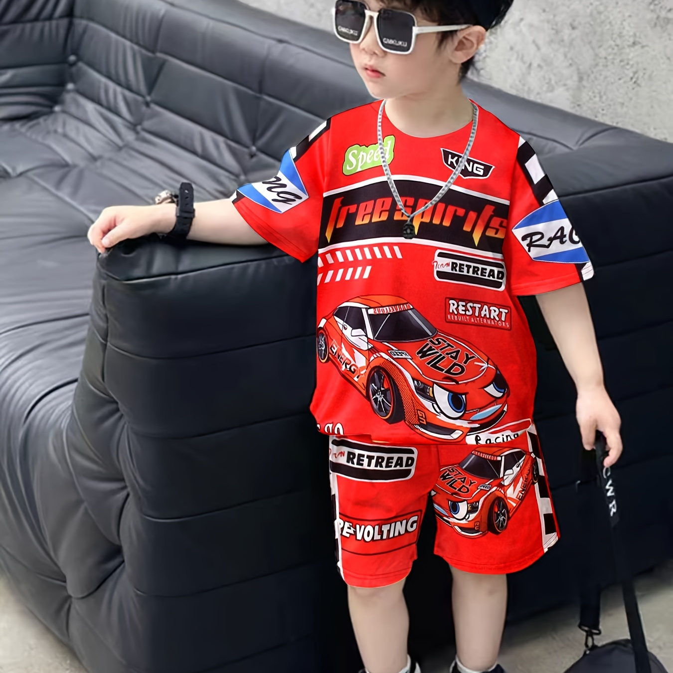 

2-piece Boys Casual Outfit Set, Sports Car And Letter Print Versatile Short Sleeve Tee & Shorts, Comfy Summer Clothes