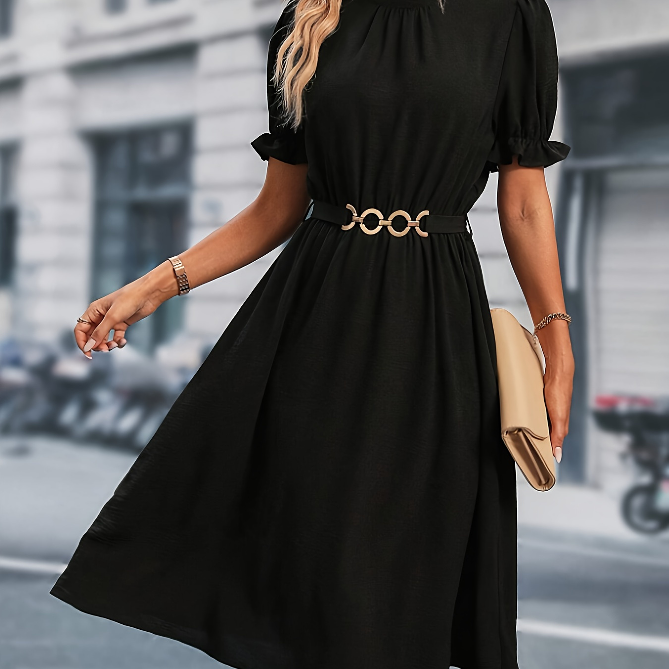 

Solid Color Crew Neck Dress, Elegant Puff Sleeve Belted Flowy Dress For Spring & Summer, Women's Clothing