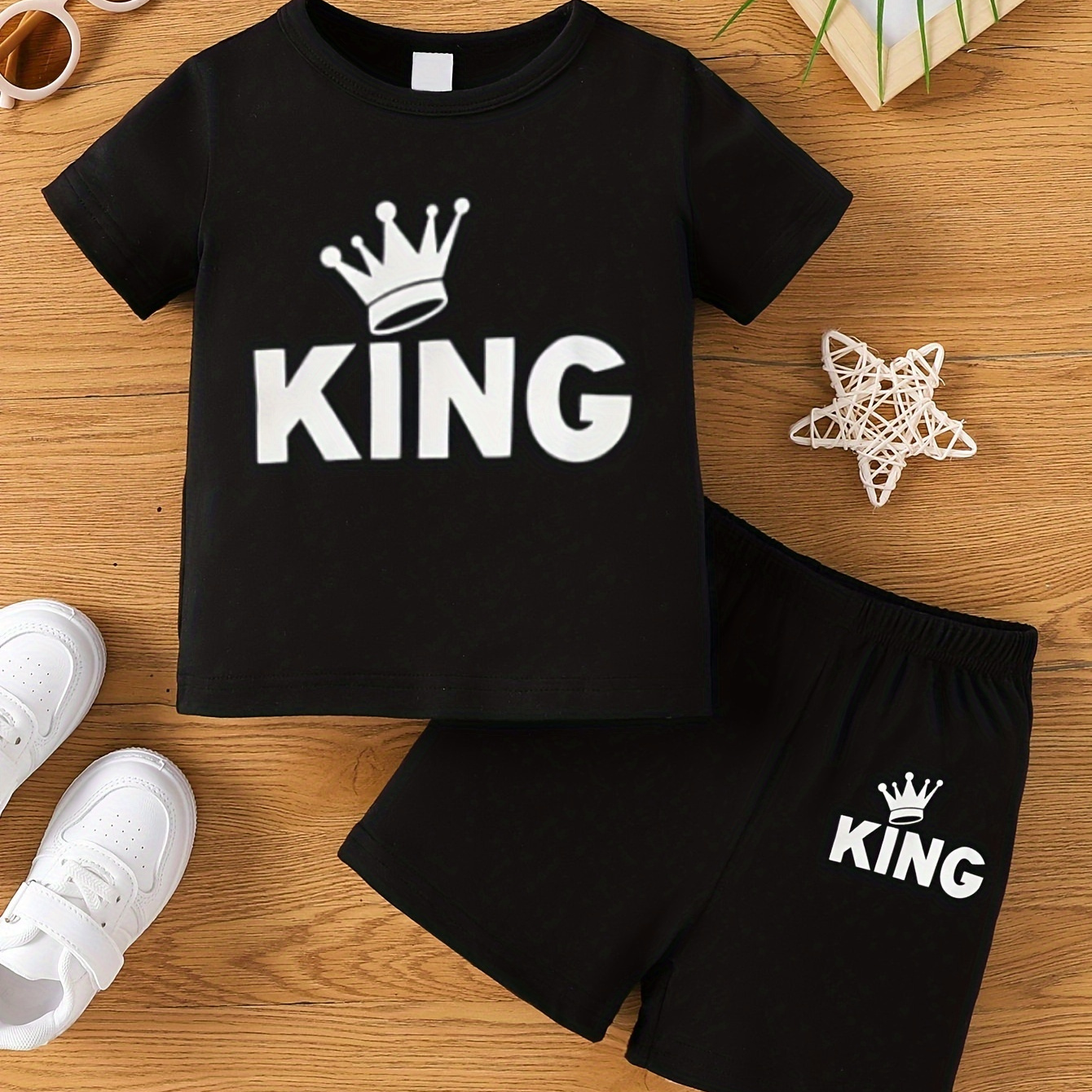 

Baby Boy Short Sleeved King Letter Crown Pattern Top Casual Solid Color Shorts Set For Spring And Summer