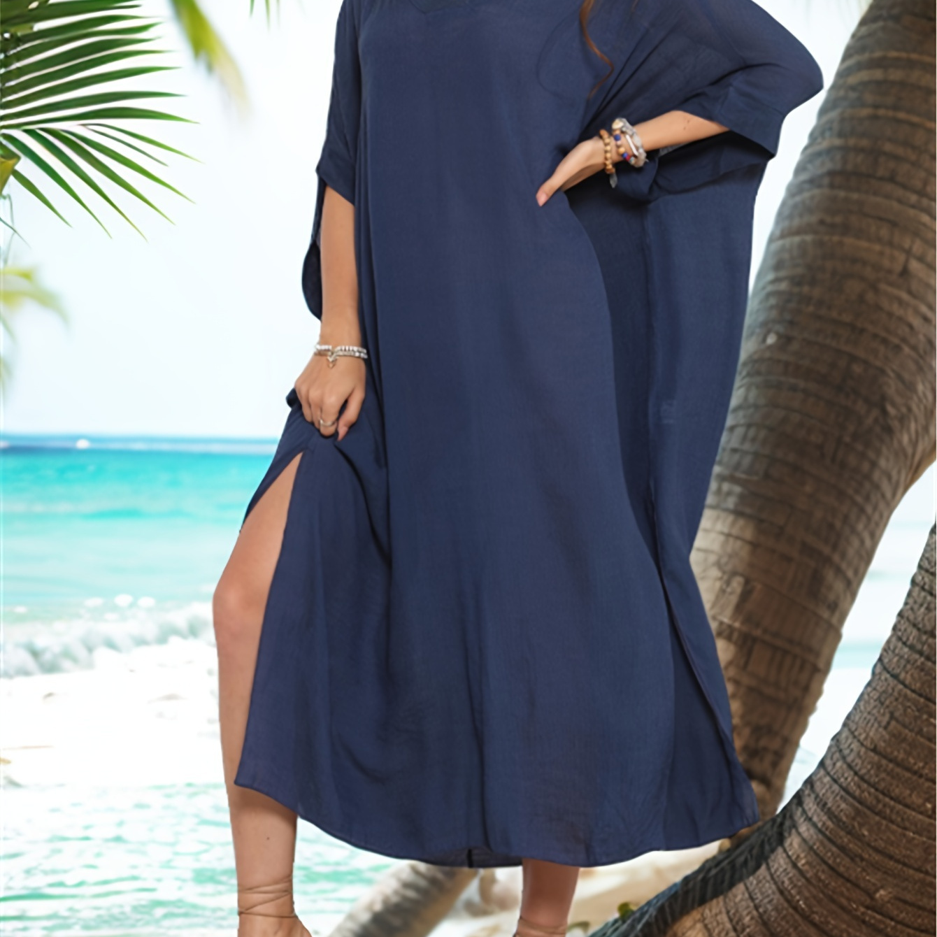 Solid Color Split Cover Up Dress, V Neck Loose Fit Beach Kaftan, Women's Swimwear & Clothing