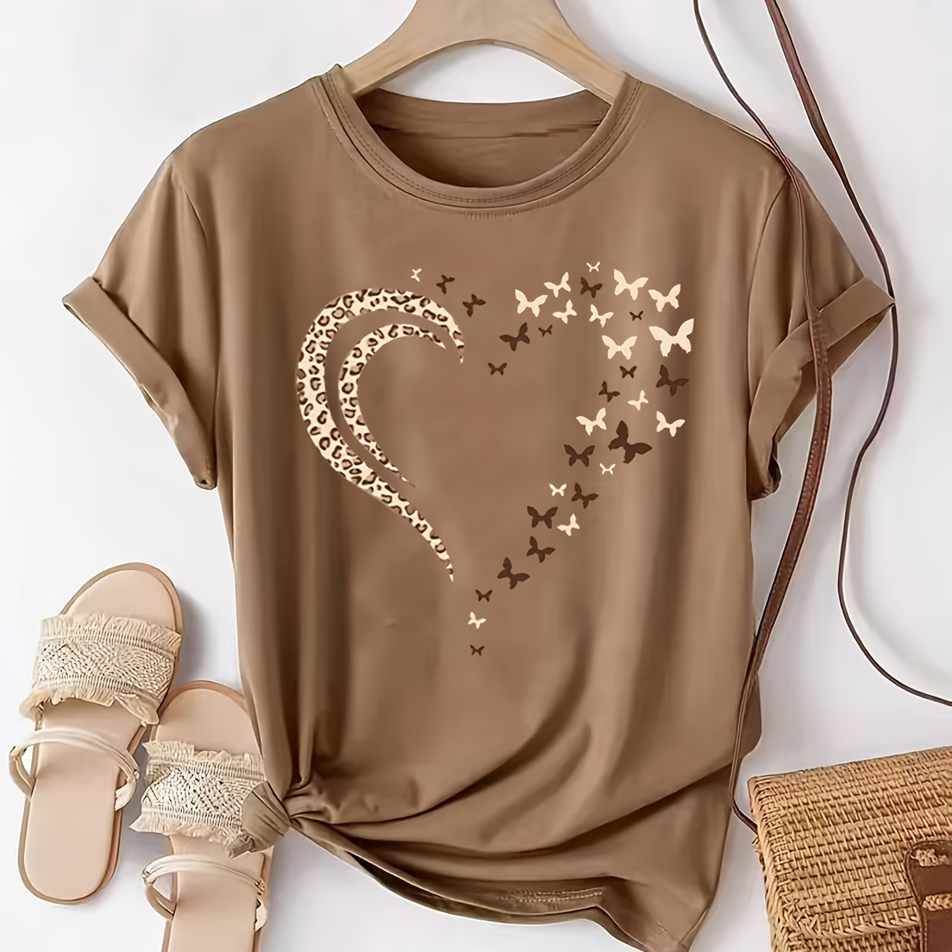 

Women's Plus Size Casual Crew Neck T-shirt Print, Polyester Knit Fabric With Stretch, Short Sleeve Tee