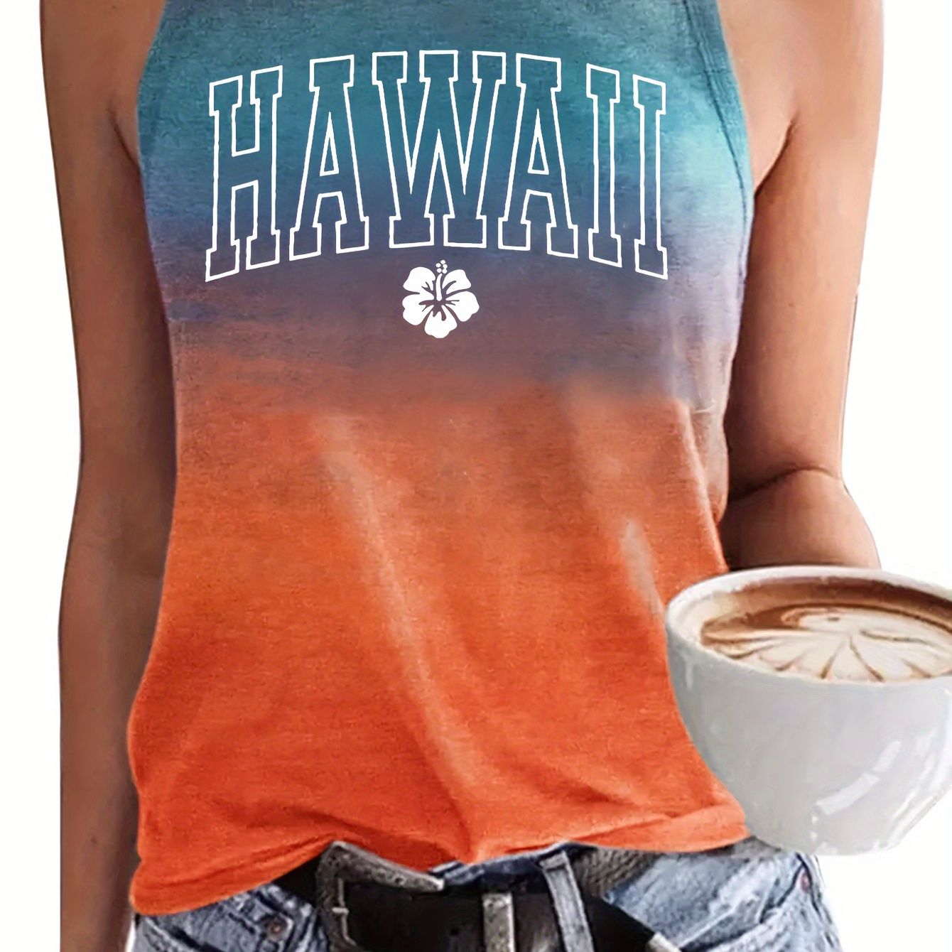 

Hawaii Gradient Color Print Tank Top, Casual Crew Neck Sleeveless Top For Summer & Spring, Women's Clothing