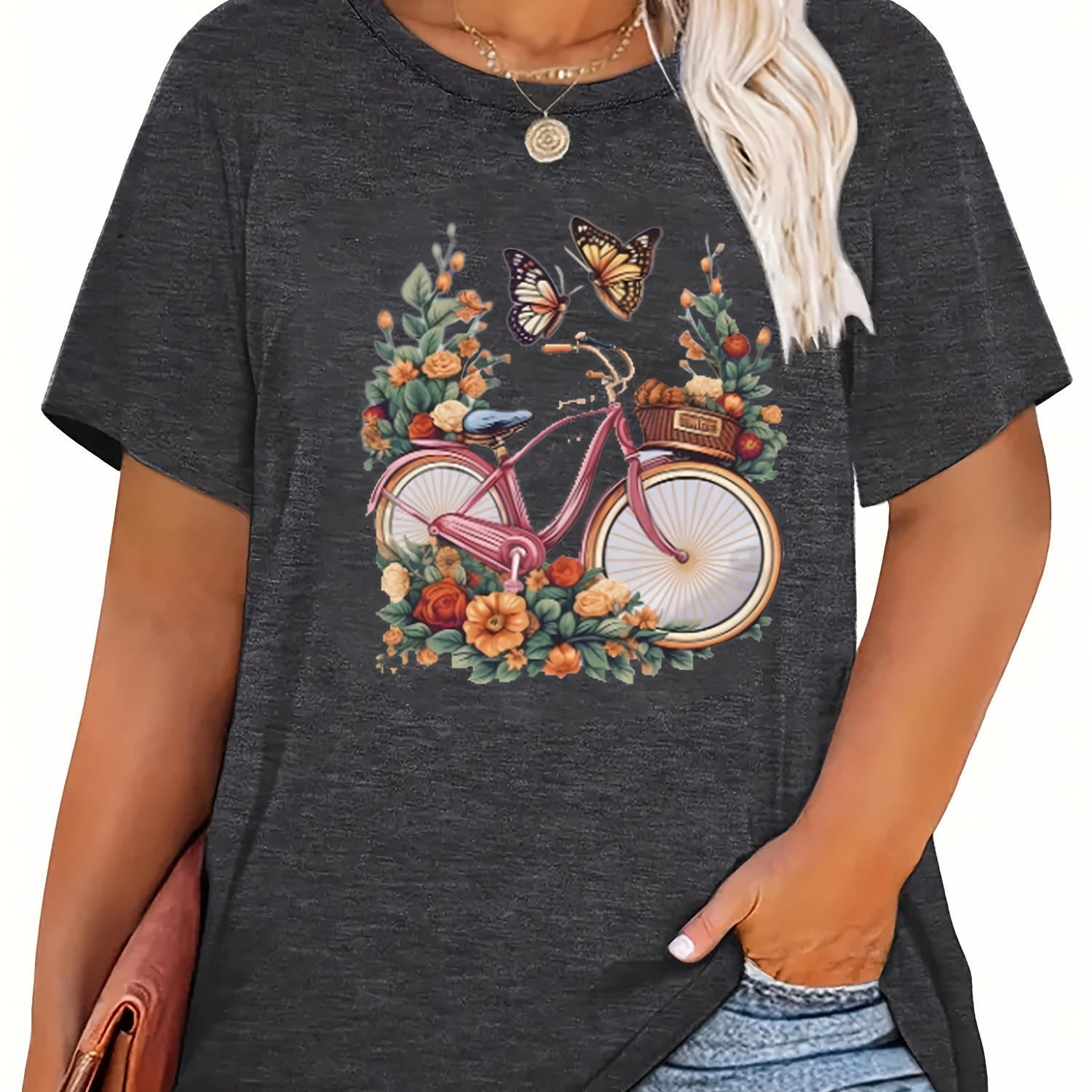 

Plus Size Floral Bike Print T-shirt, Casual Short Sleeve Top For Spring & Summer, Women's Plus Size Clothing
