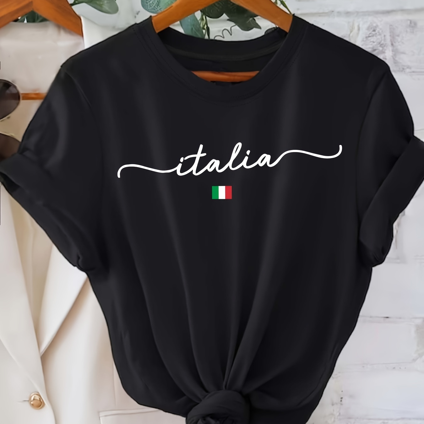 

Italia Letter Print Crew Neck T-shirt, Casual Short Sleeve Top For Spring & Summer, Women's Clothing