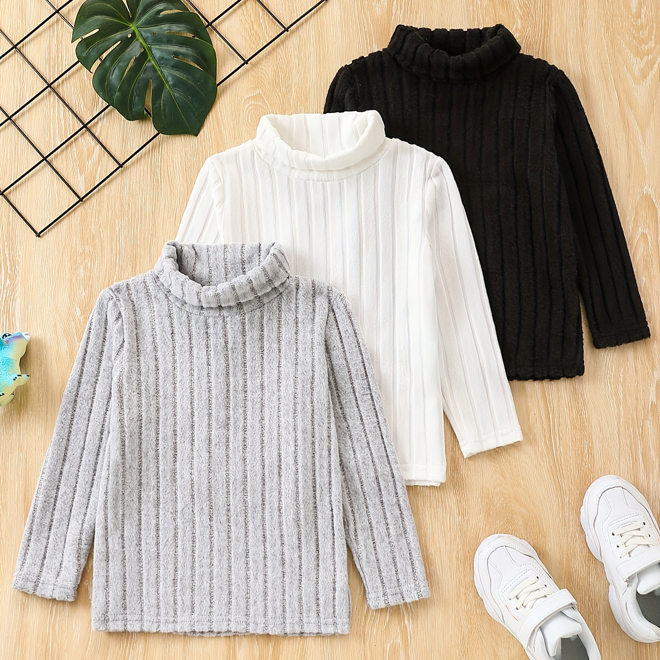 

3pcs Boys Casual Solid Color Rib Knit Turtleneck Top, Comfortable Versatile Long Sleeve T-shirt Boys Tee Tops