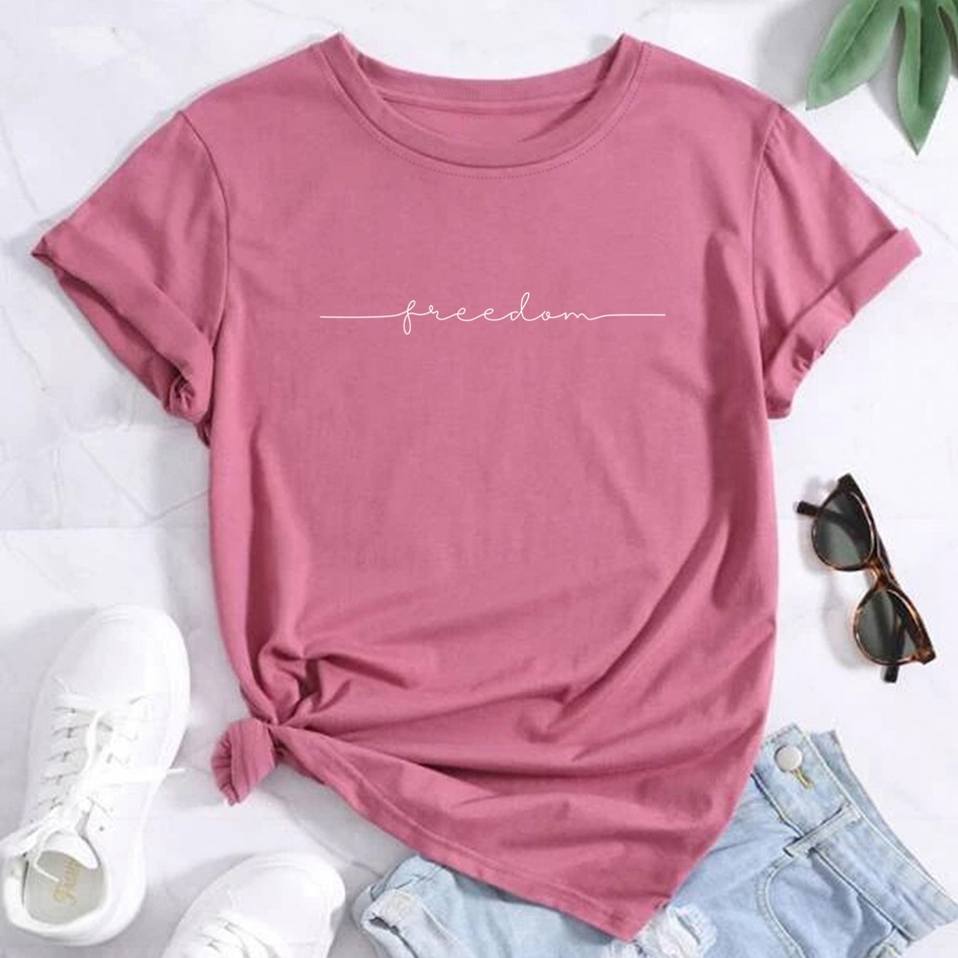 

Freedom Print Crew Neck T-shirt, Casual Short Sleeve T-shirt For Spring & Summer, Women's Clothing