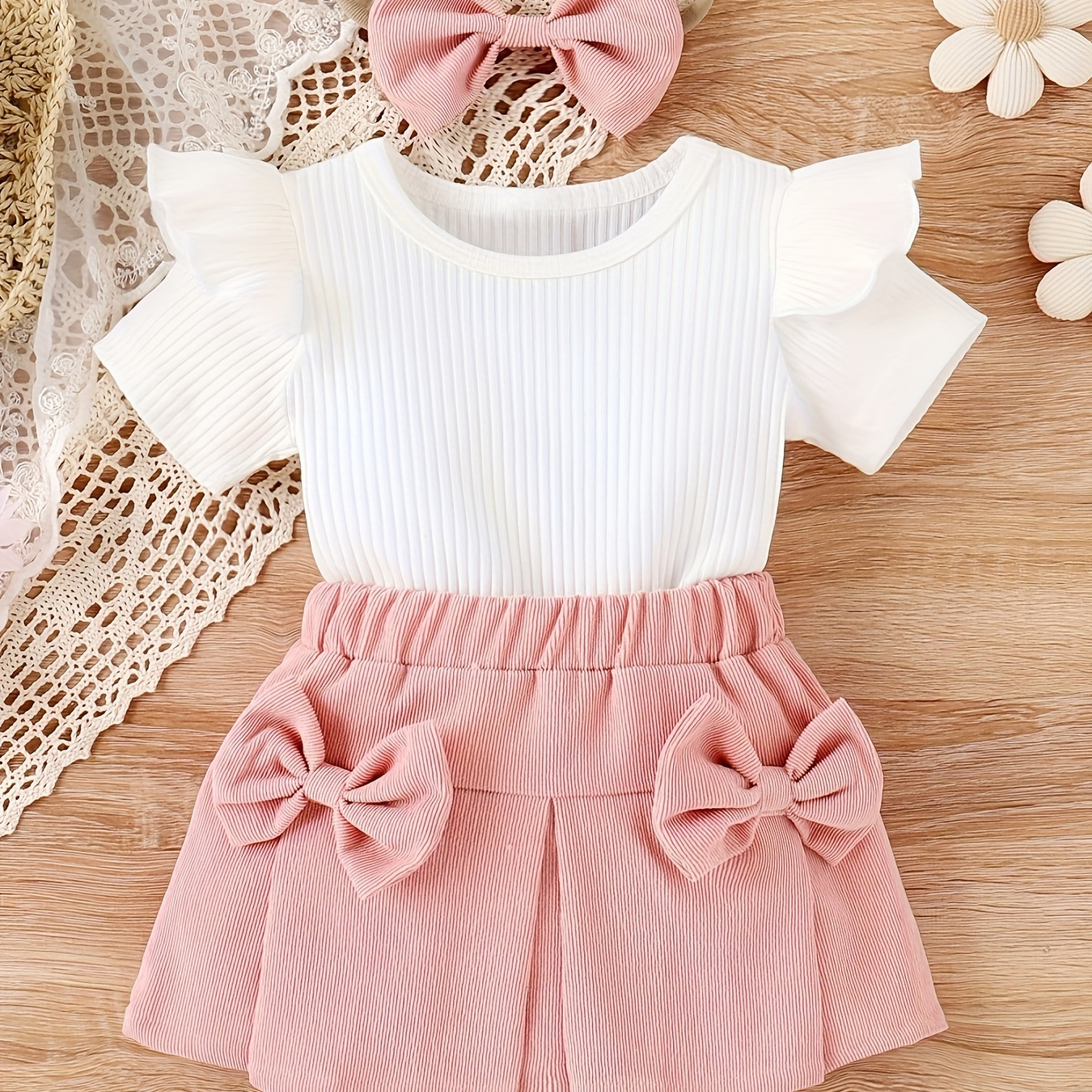 

Baby's Lovely Bowknot Decor 2pcs Outfit, Ruffle Decor Solid Color Ribbed Top & Bowknot Headband & Corduroy Skirt Set, Toddler & Infant Girl's Clothes