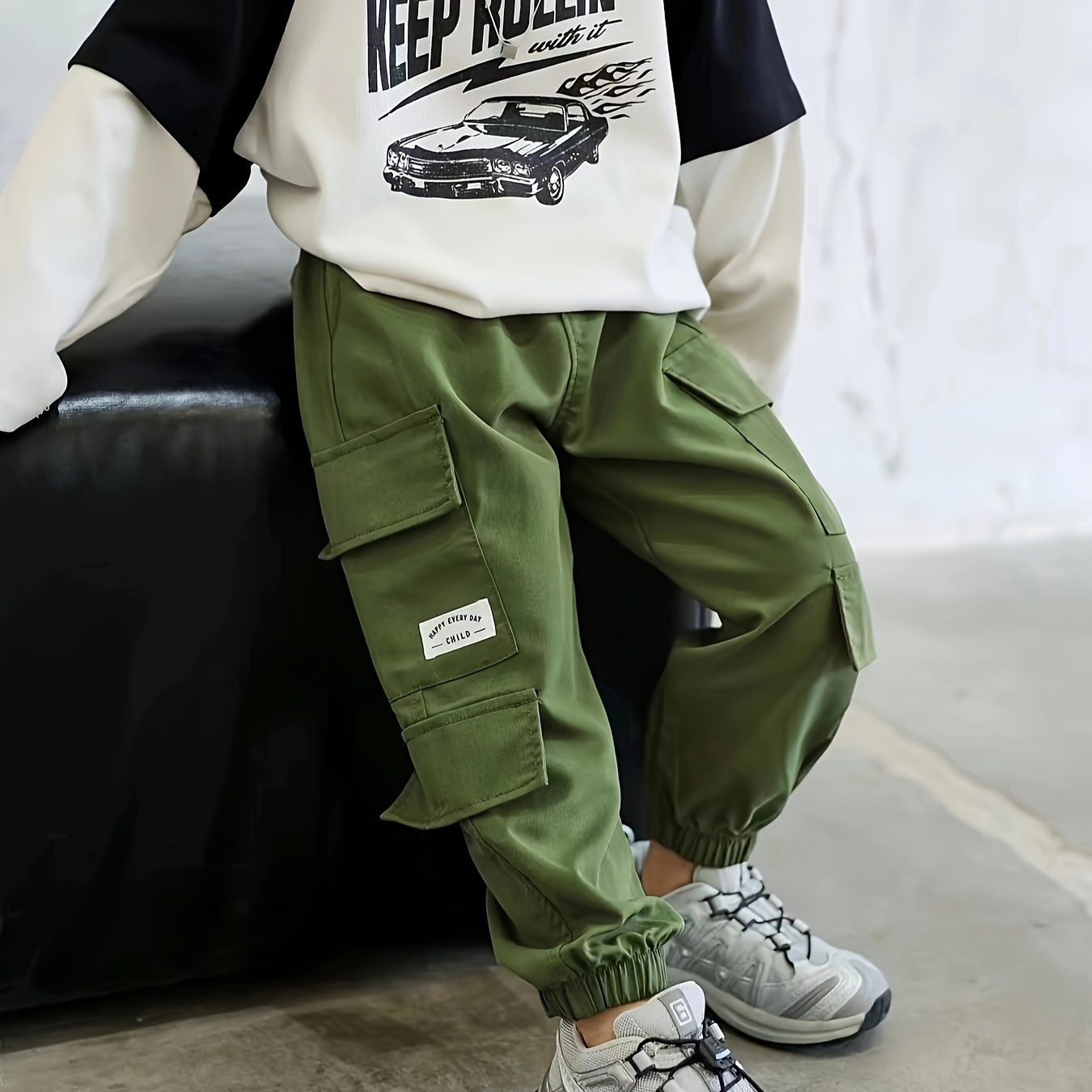 

Army Green Versatile Multi-pockets Footed Boys Cargo Pants, Spring/summer/fall Sports