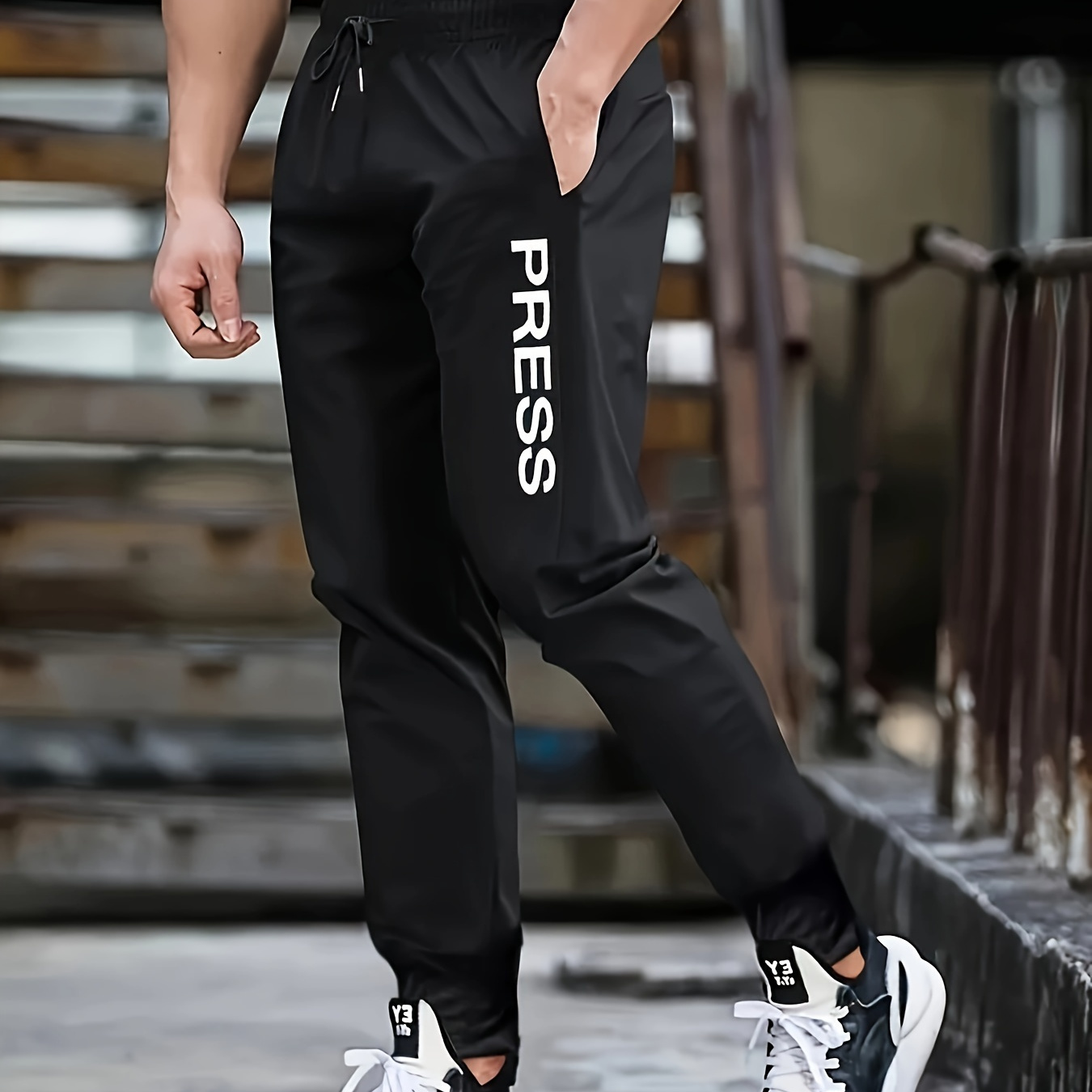 

Men's 'press' Print Jogger Pants With Drawstring, Casual Sports Trousers As Gift