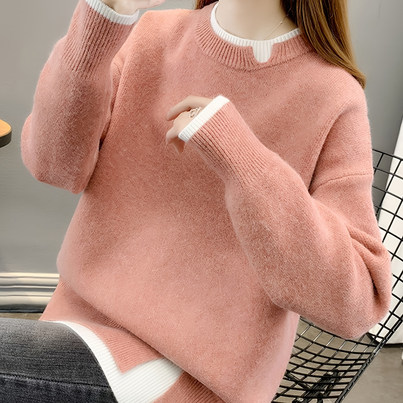 

Women's Elegant Polyester Crew Neck Pullover Sweater - 100% Polyester Solid Color Knit With Long Sleeves, Split Detail, Fall/