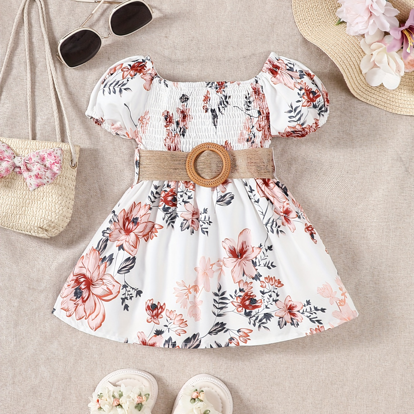

Infant & Toddler's Flower Pattern Belted Dress, Shirred Puff Sleeve Dress, Baby Girl's Clothing For Summer/spring