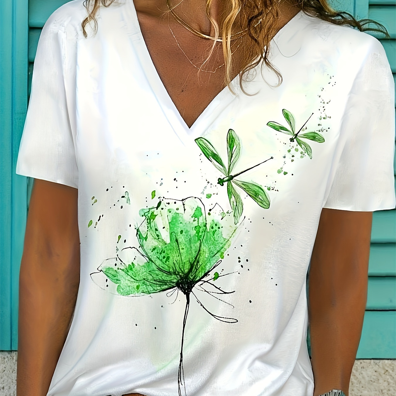 

Dragonfly Print V Neck T-shirt, Casual Short Sleeve Top For Spring & Summer, Women's Clothing