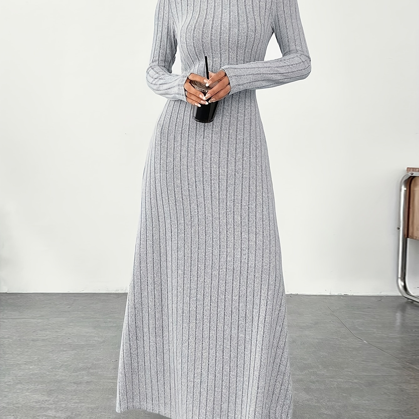 

Women's Polyester Knit Ribbed Dress - Casual High Neck Long Sleeve A-line Maxi Sweater Dress For Fall/winter With Stretch (polyester 95%, Spandex 5%)