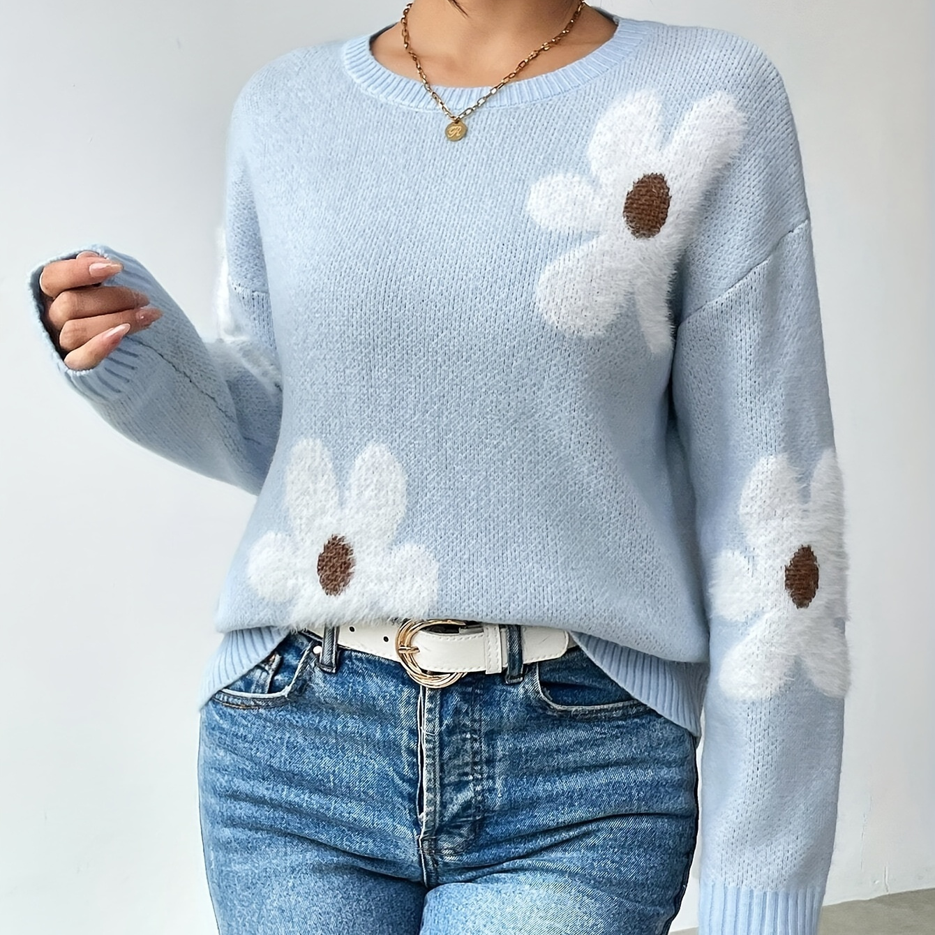 

Floral Pattern Drop Shoulder Sweater, Stylish Crew Neck Long Sleeve Pullover Sweater For Winter & Fall, Women's Clothing