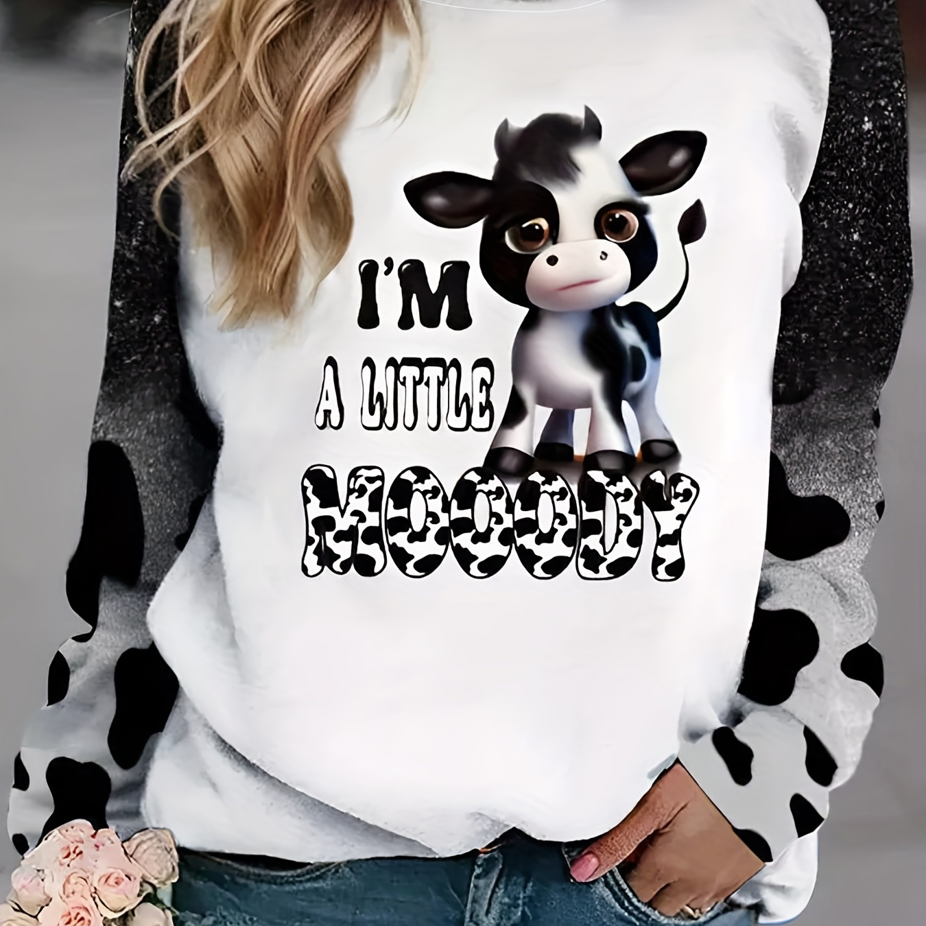 

Cow & Letter Print Pullover Sweatshirt, Casual Raglan Sleeve Crew Neck Sweatshirt For Fall & Winter, Women's Clothing