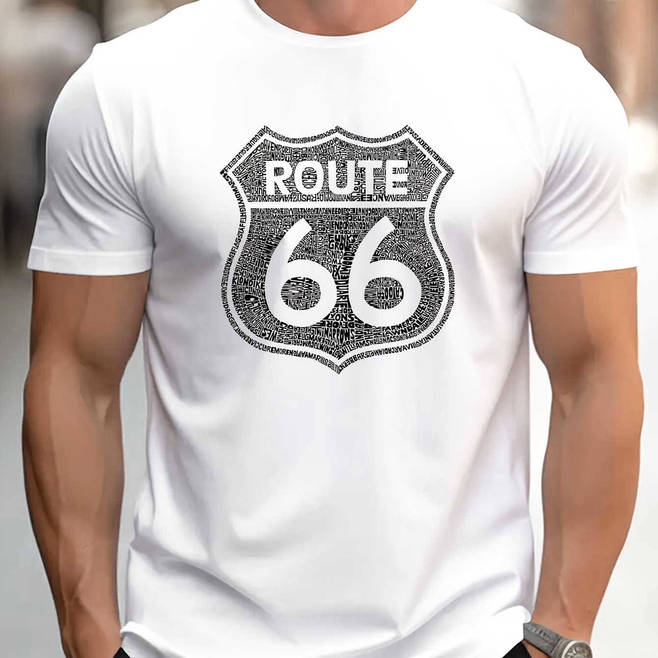 

Route 66 Print Tee Shirt, Tees For Men, Casual Short Sleeve T-shirt For Summer