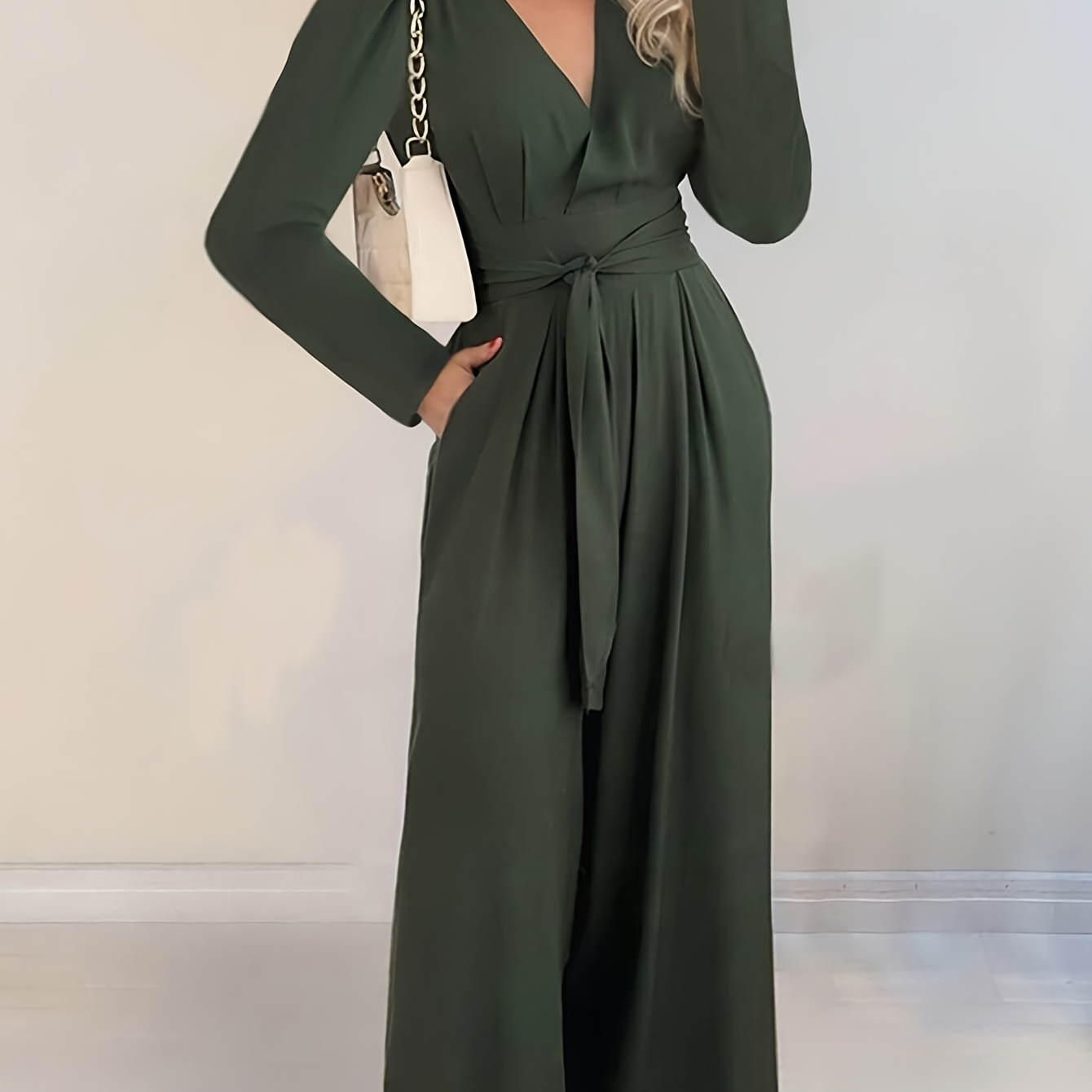 

1pc Elegant V-neck Long Sleeve Tie-waist Wide Leg Jumpsuit For Women, Solid Color Polyester Woven Pants With Pockets
