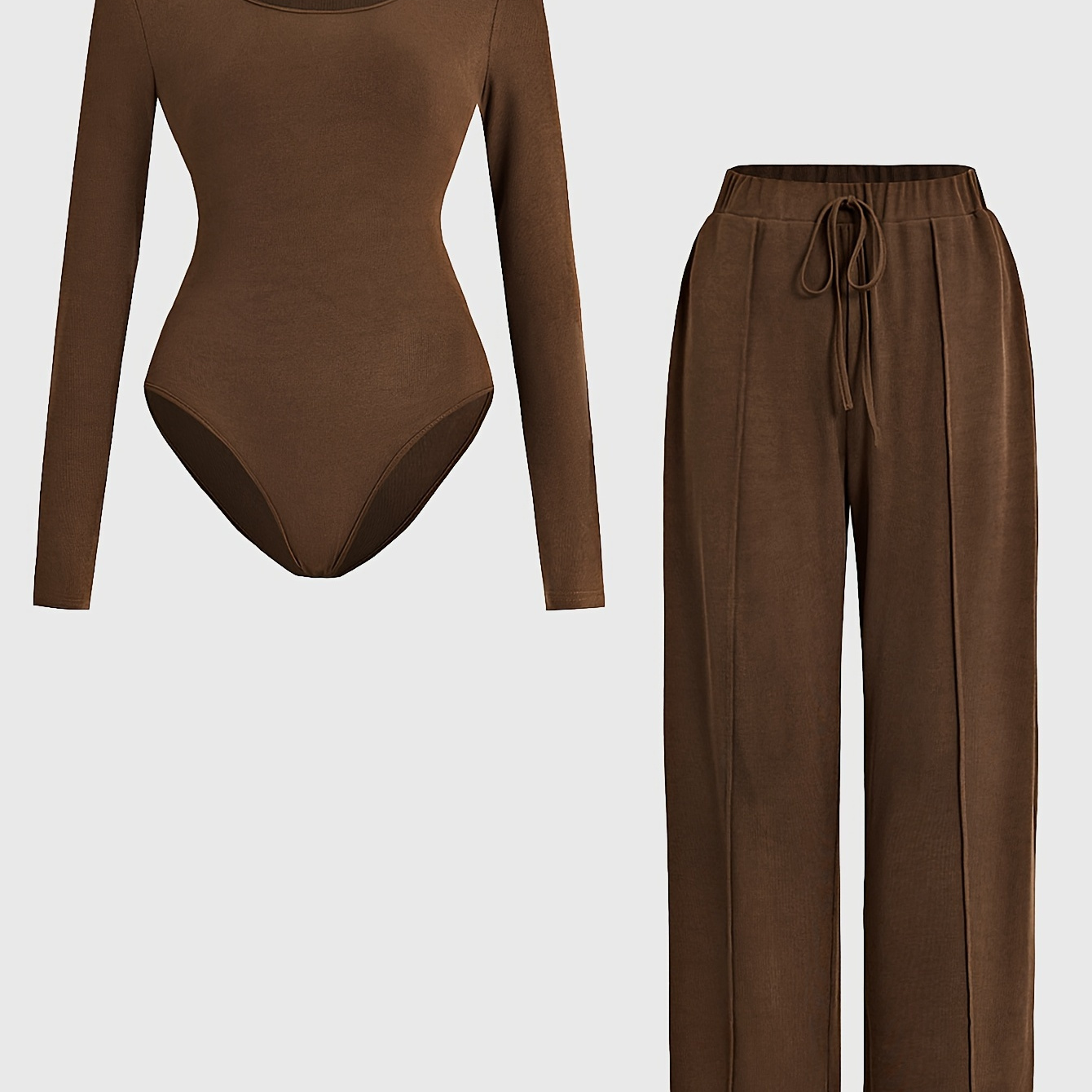 

Women's Ribbed Bodysuit & -leg Pants Set - Long Sleeve, , Stretchy Polyester ,