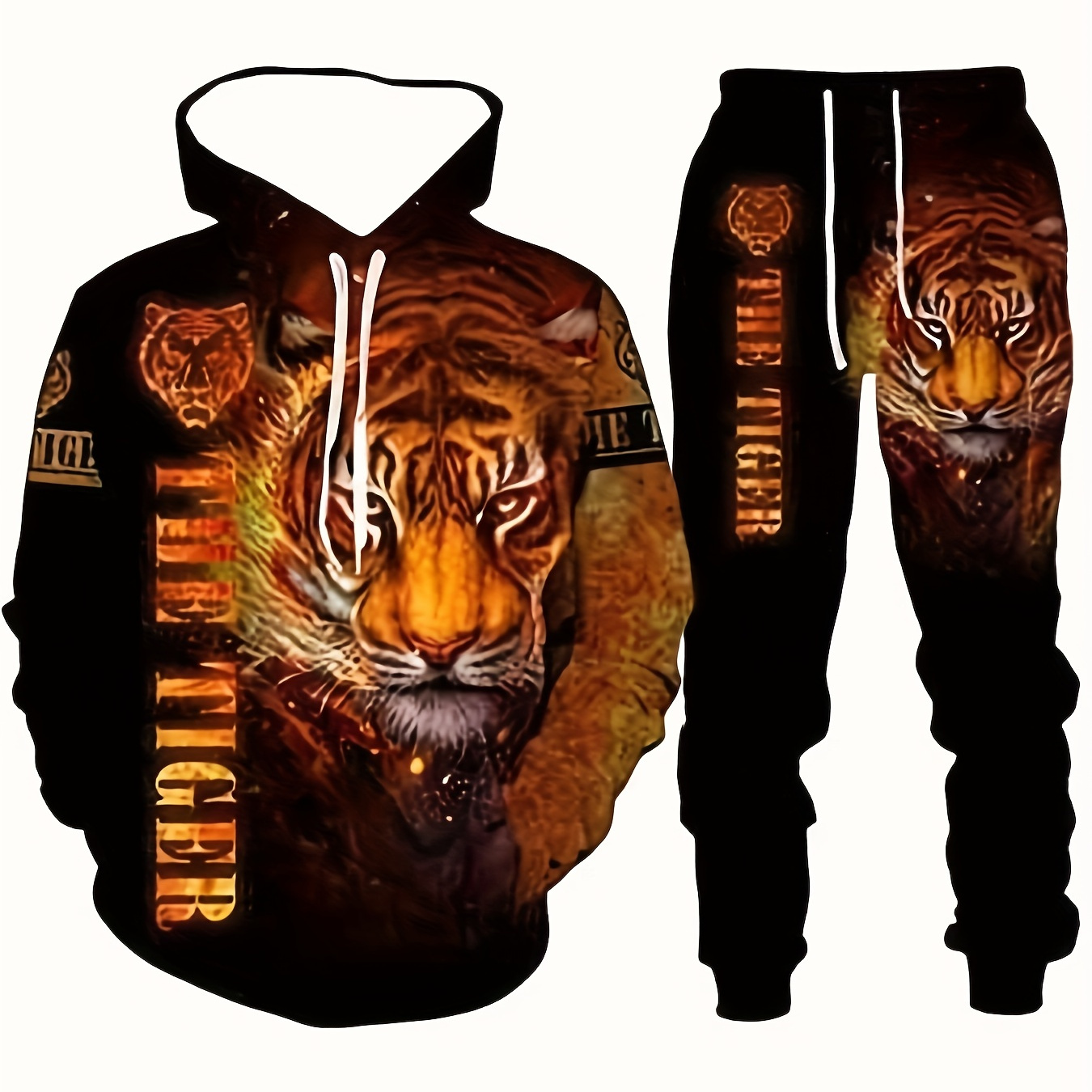 

Halloween The Tiger Print Men's Hooded Sweatshirt & Pants Set, Sportswear Tracksuit Suit, Long Sleeve Tops & Pants, Men's Novelty Pajamas Loungewear Set